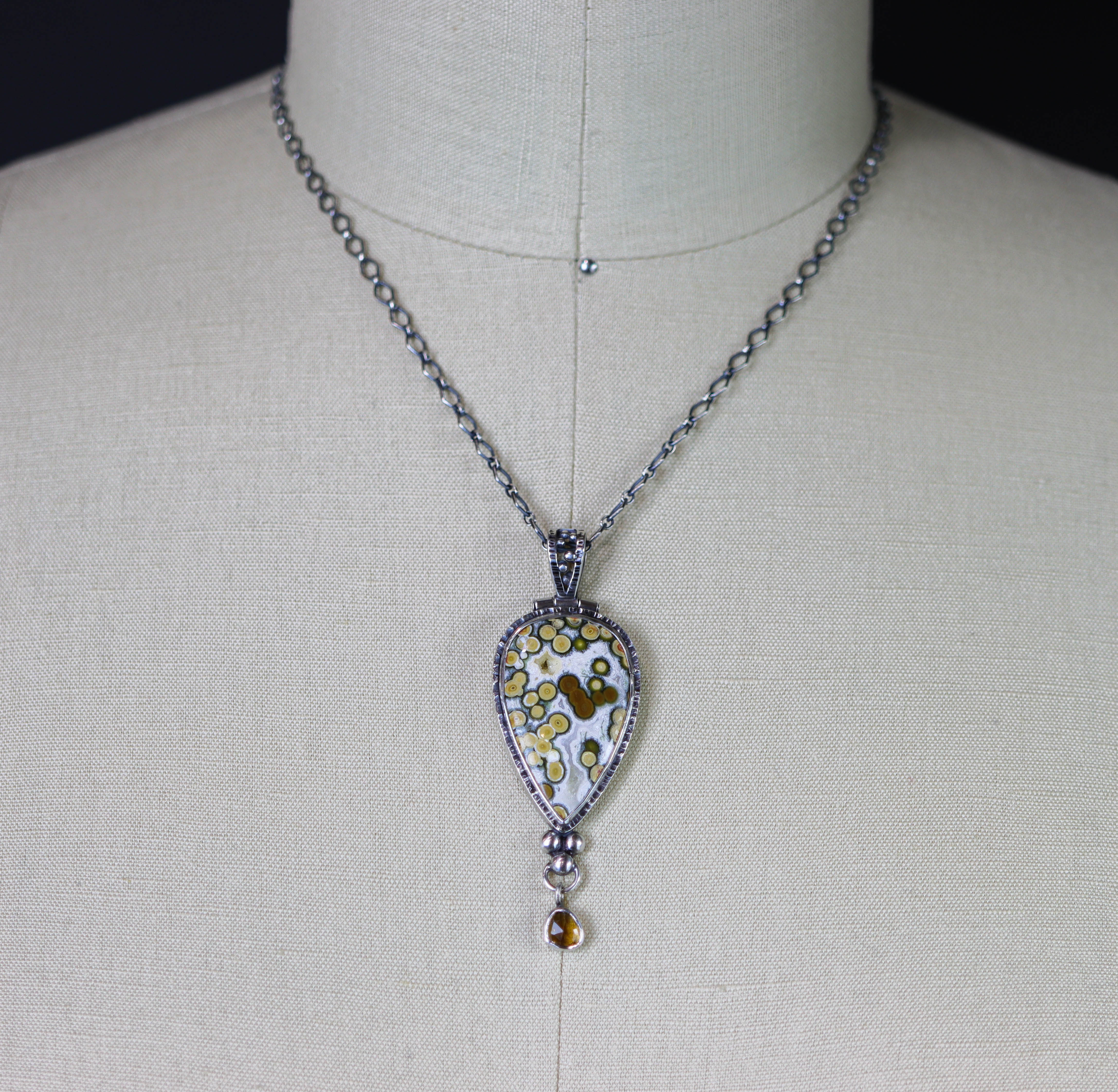 Orbicular Jasper and Mandarin Citrine Pendant Necklace Sterling Silver