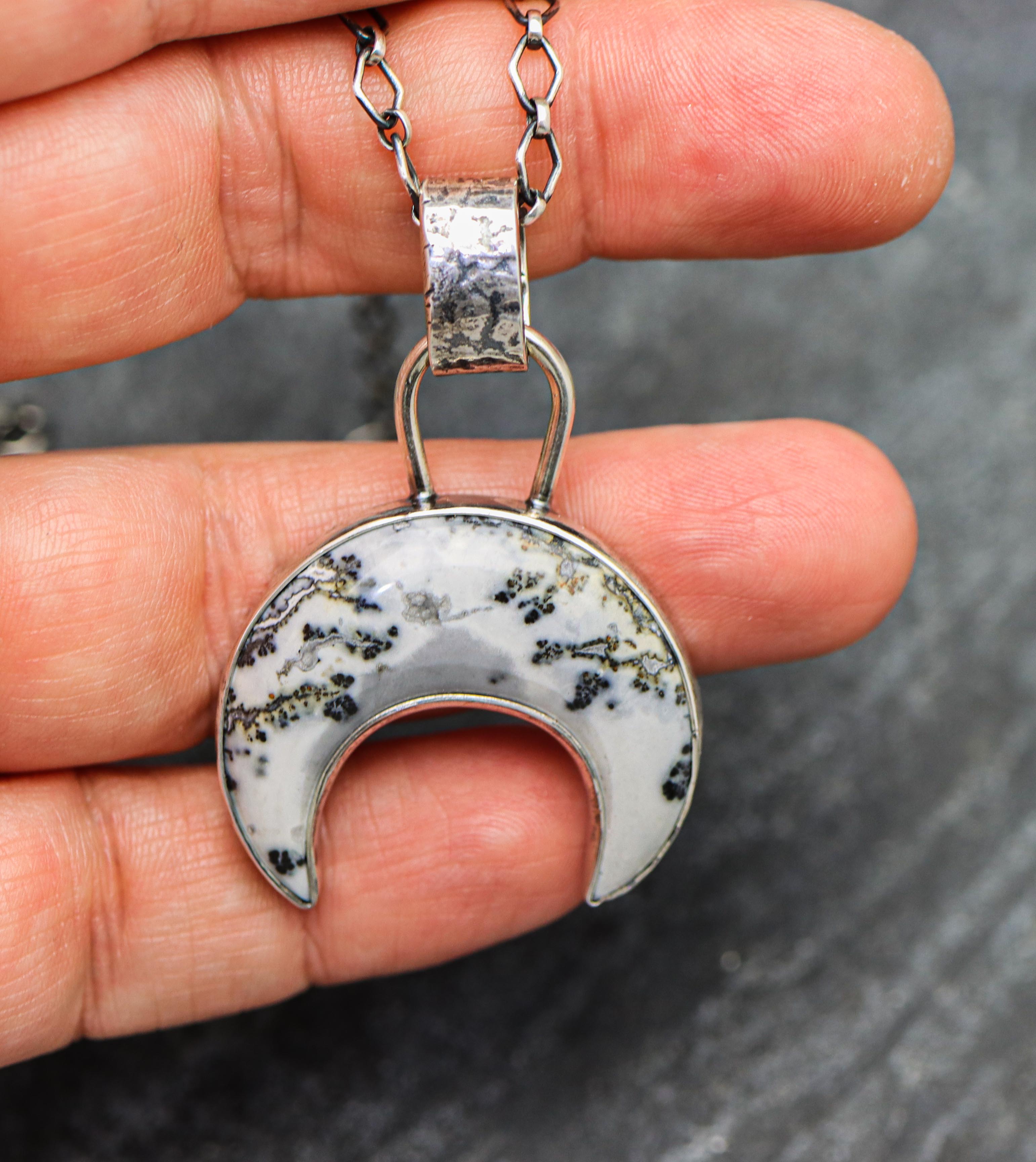 Crescent Moon Pendant Necklace Sterling Silver Maligano Jasper