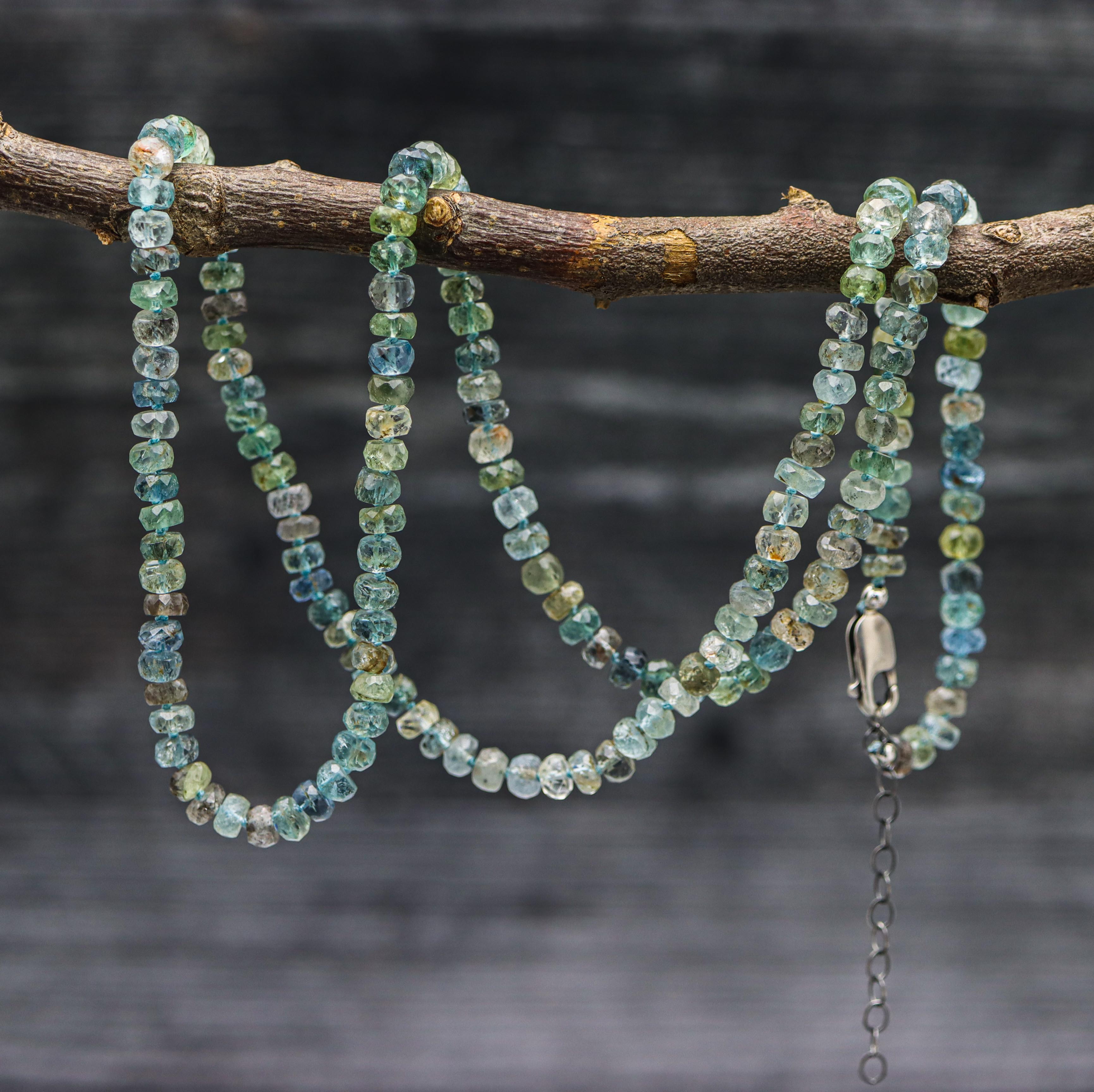 Moss Aquamarine Hand Knotted Bead Necklace Sterling Silver