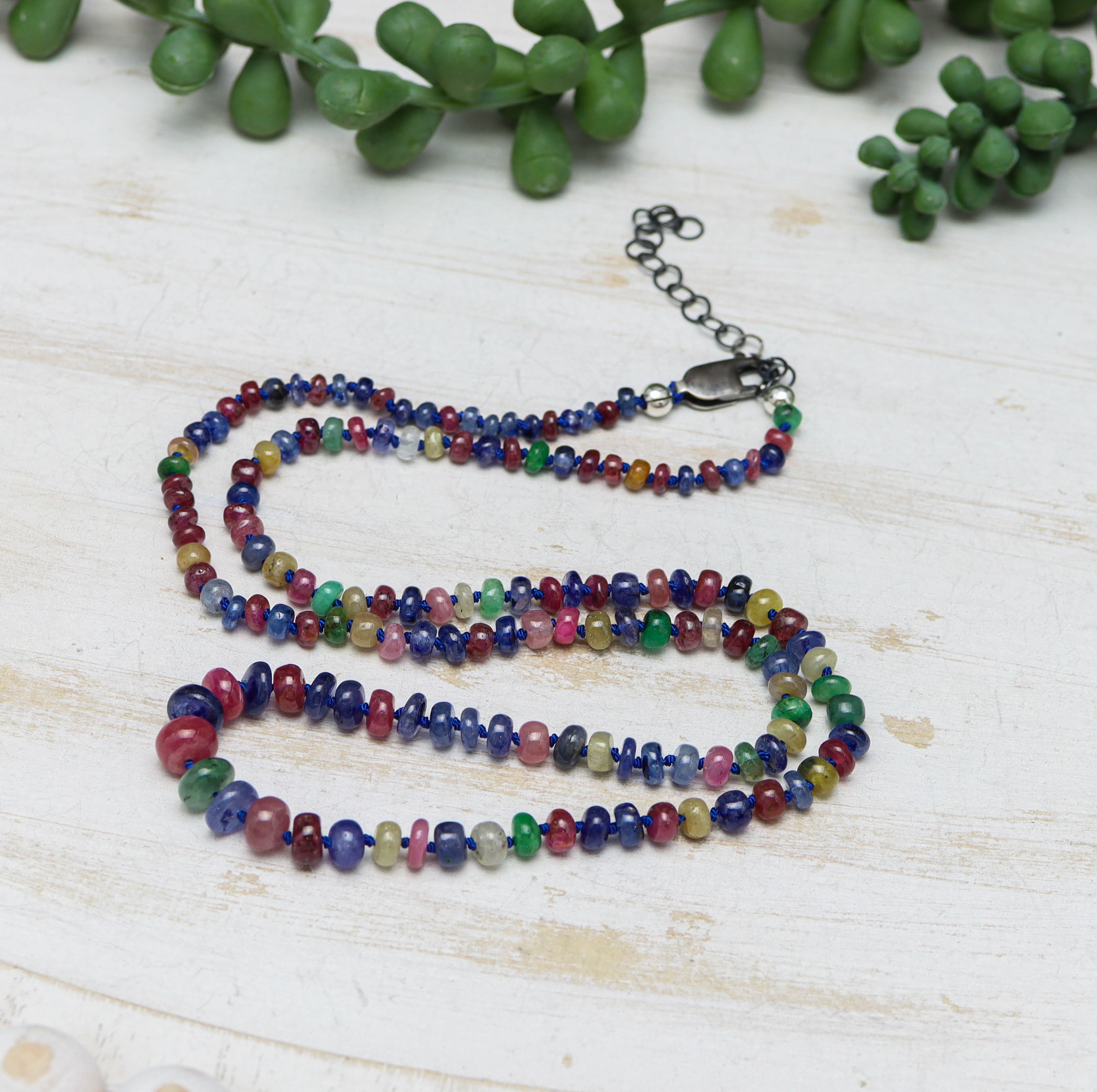 Multi Colored Sapphire Hand Knotted Bead Necklace Sterling Silver