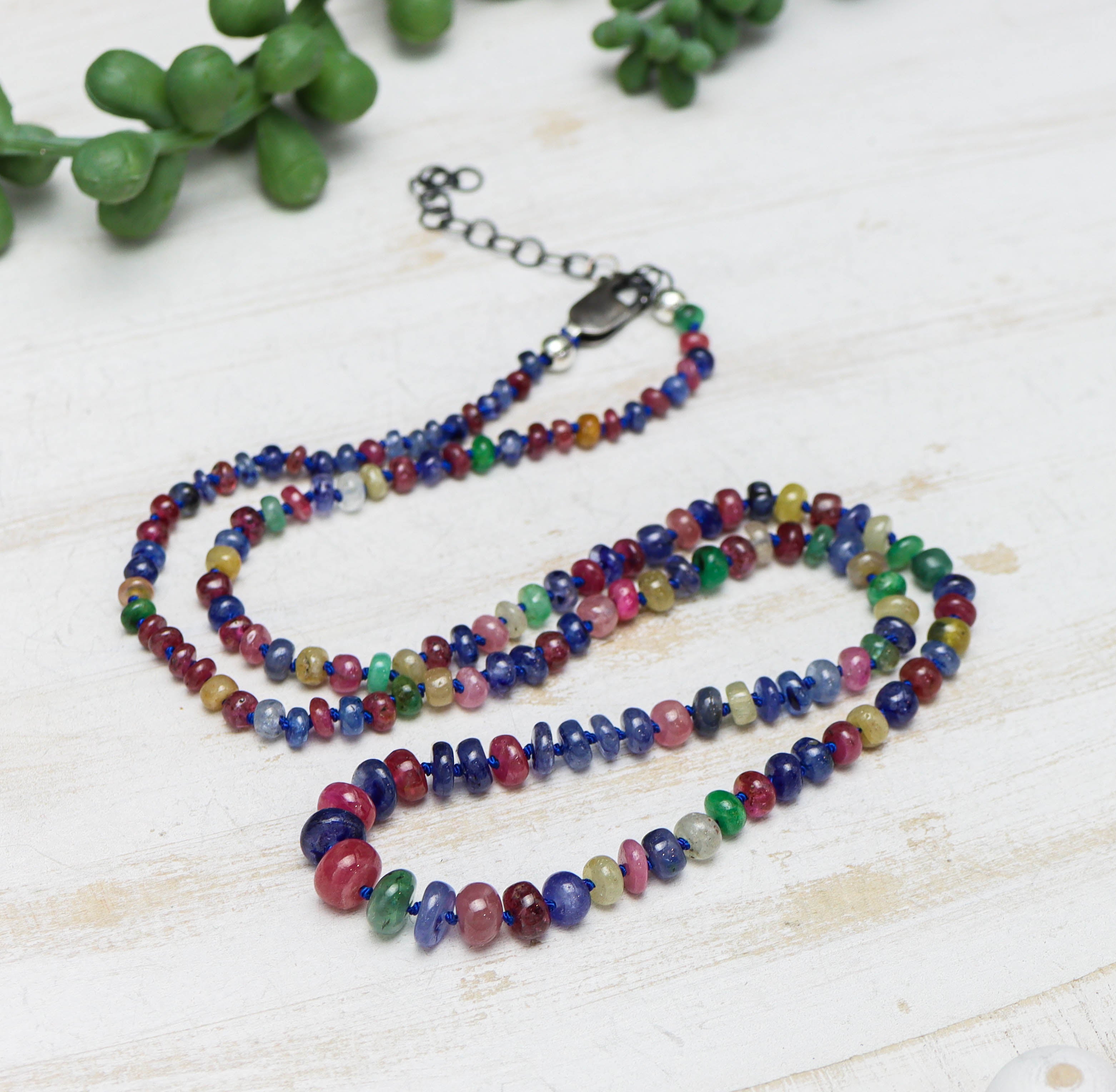 Multi Colored Sapphire Hand Knotted Bead Necklace Sterling Silver