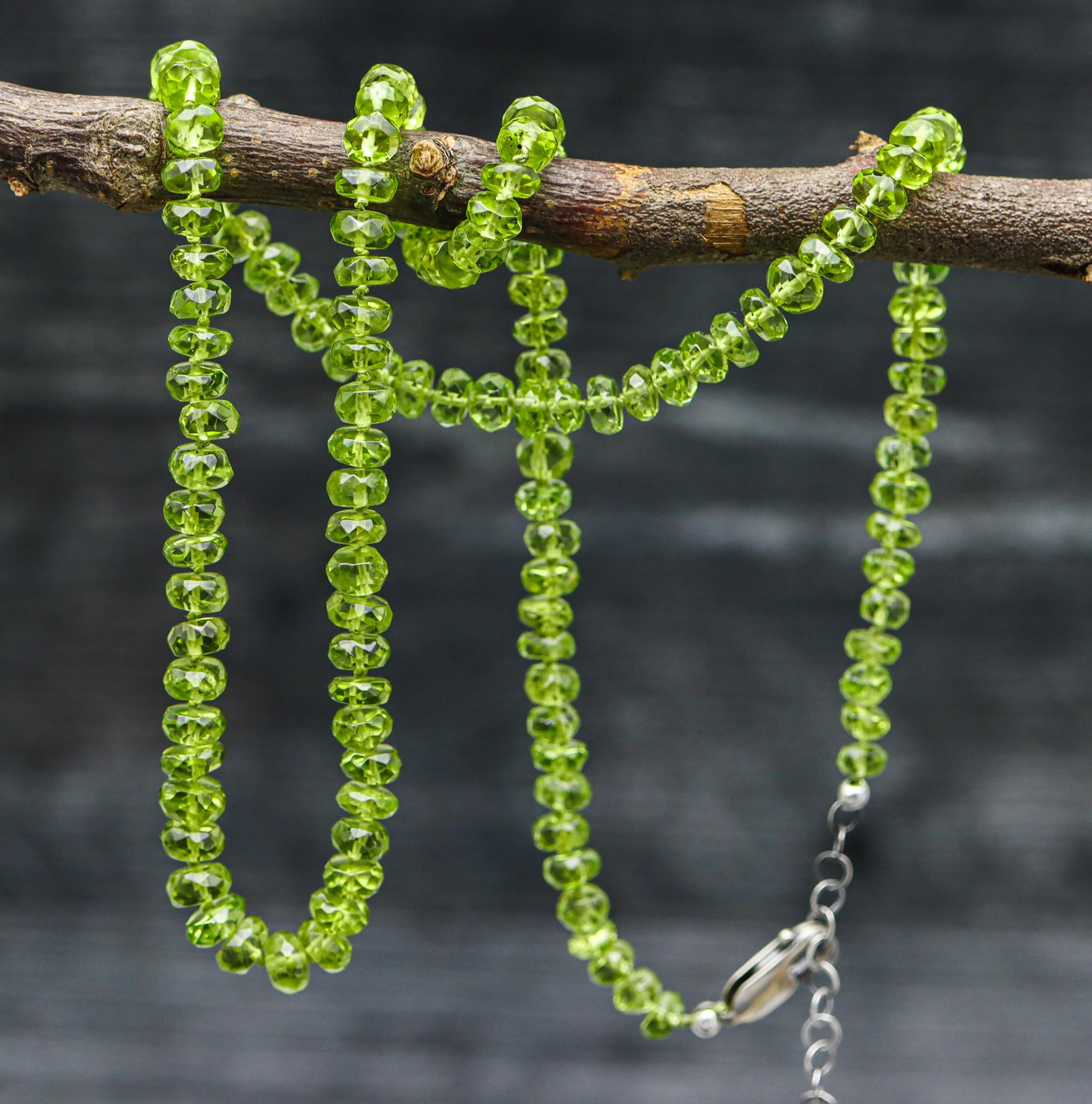 Green Peridot Hand Knotted Bead Necklace Sterling Silver