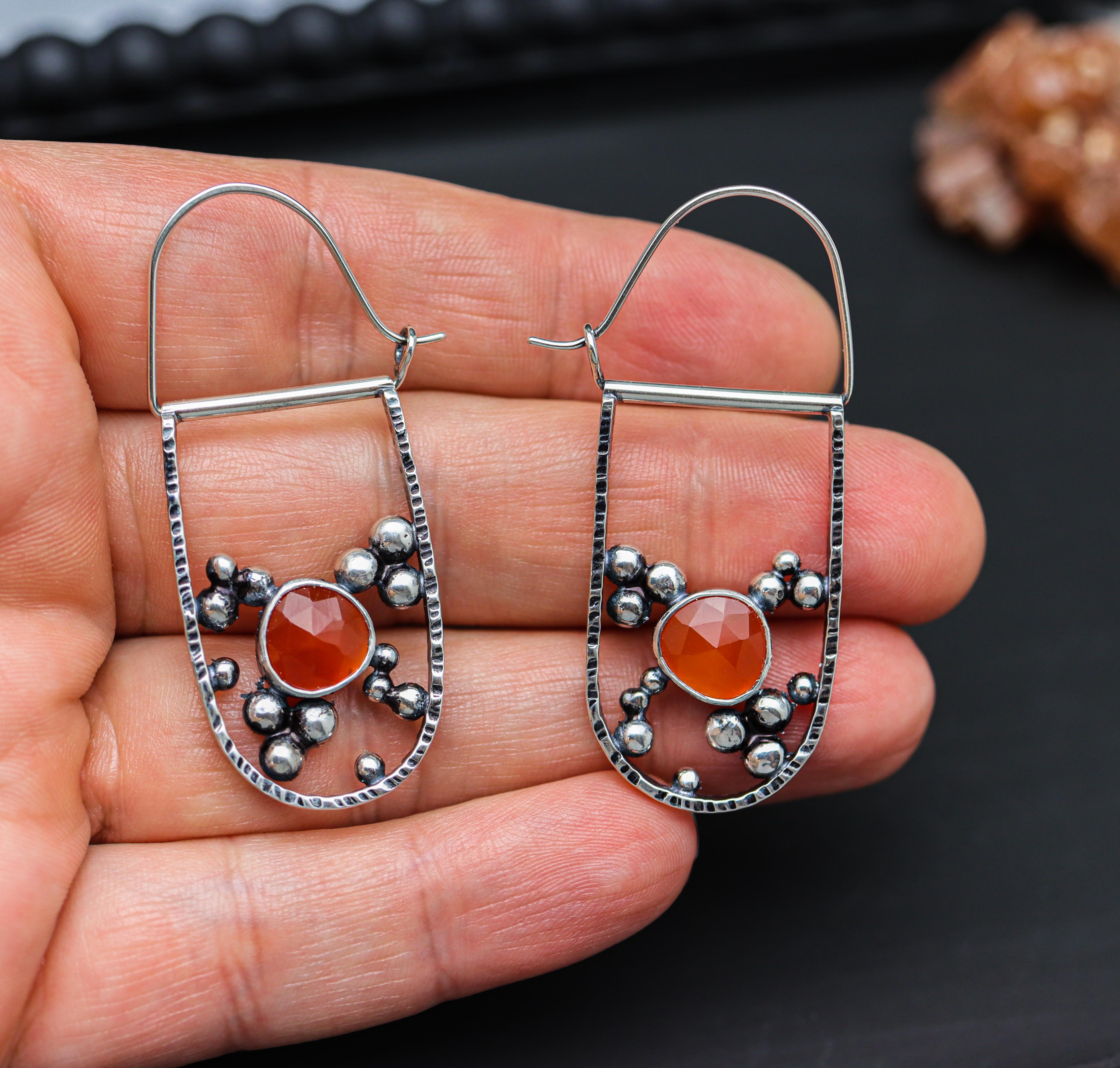 Orange Carnelian Bubble Hoop Earrings in Sterling Silver