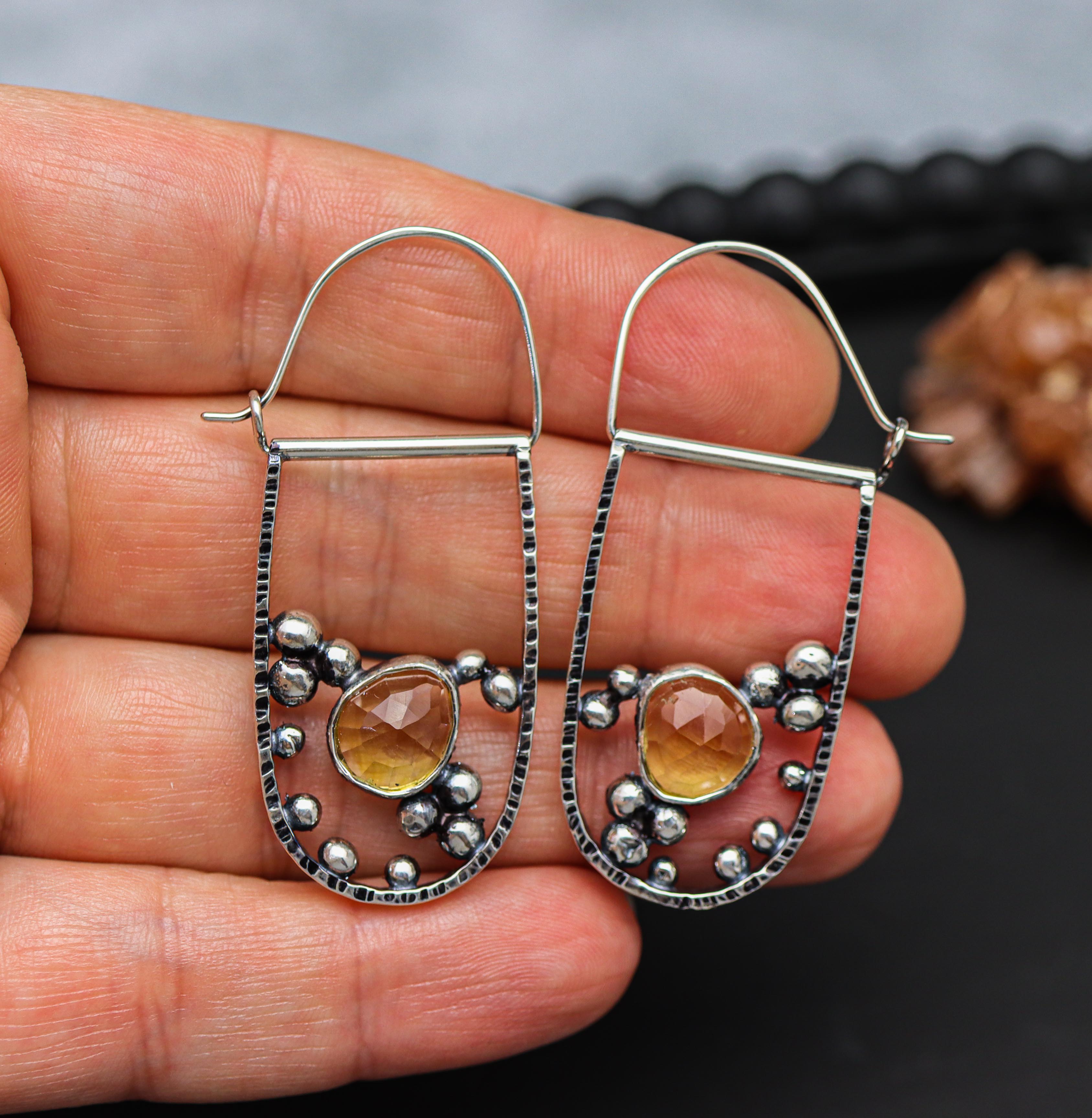 Yellow Citrine Bubble Hoop Earrings in Sterling Silver