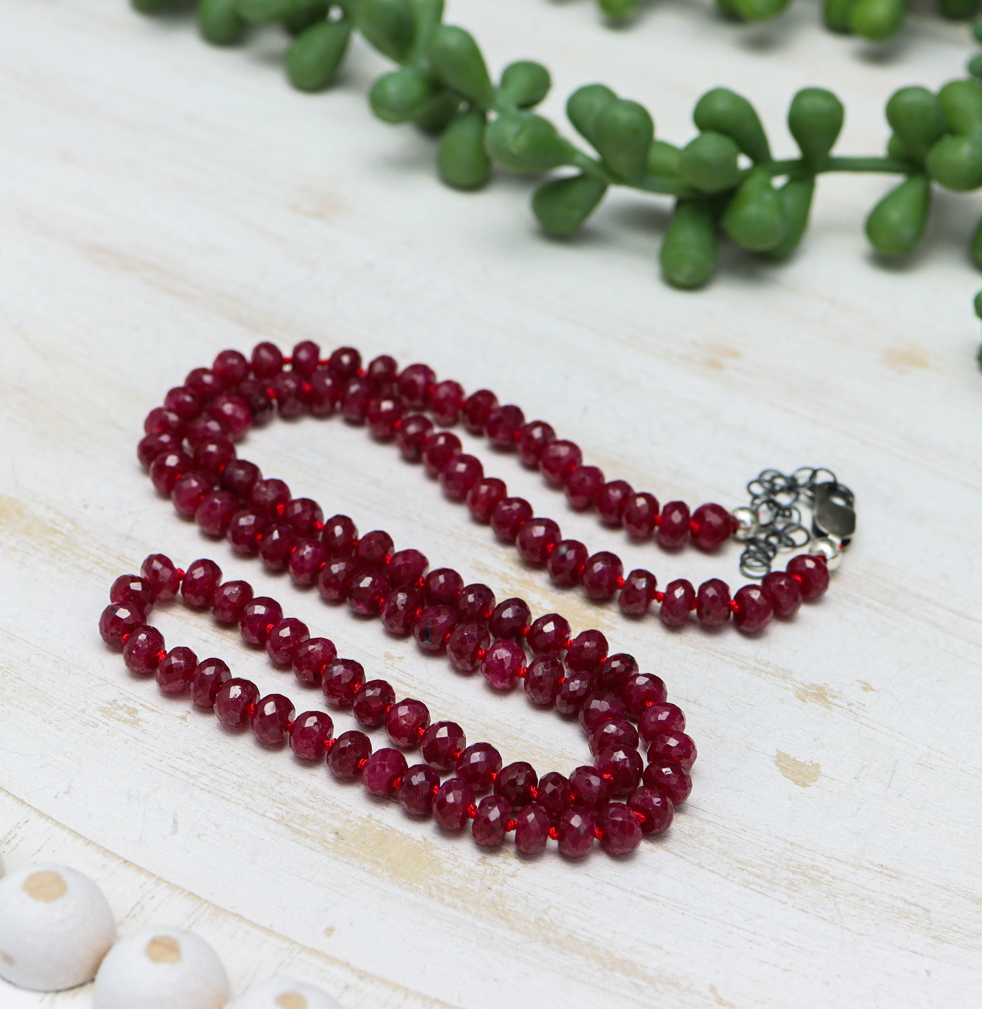 Red Ruby Hand Knotted Bead Necklace Sterling Silver