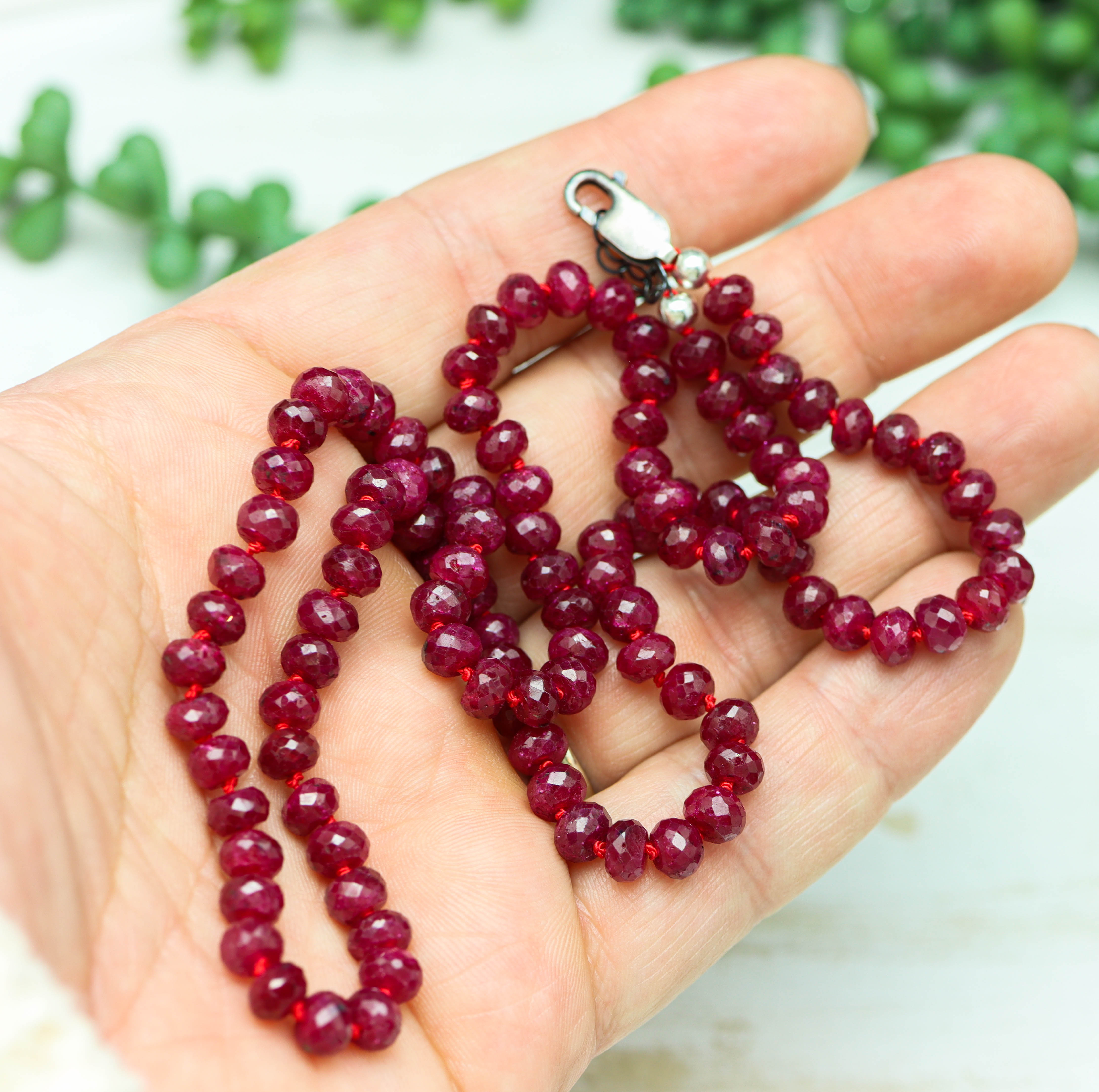 Red Ruby Hand Knotted Bead Necklace Sterling Silver