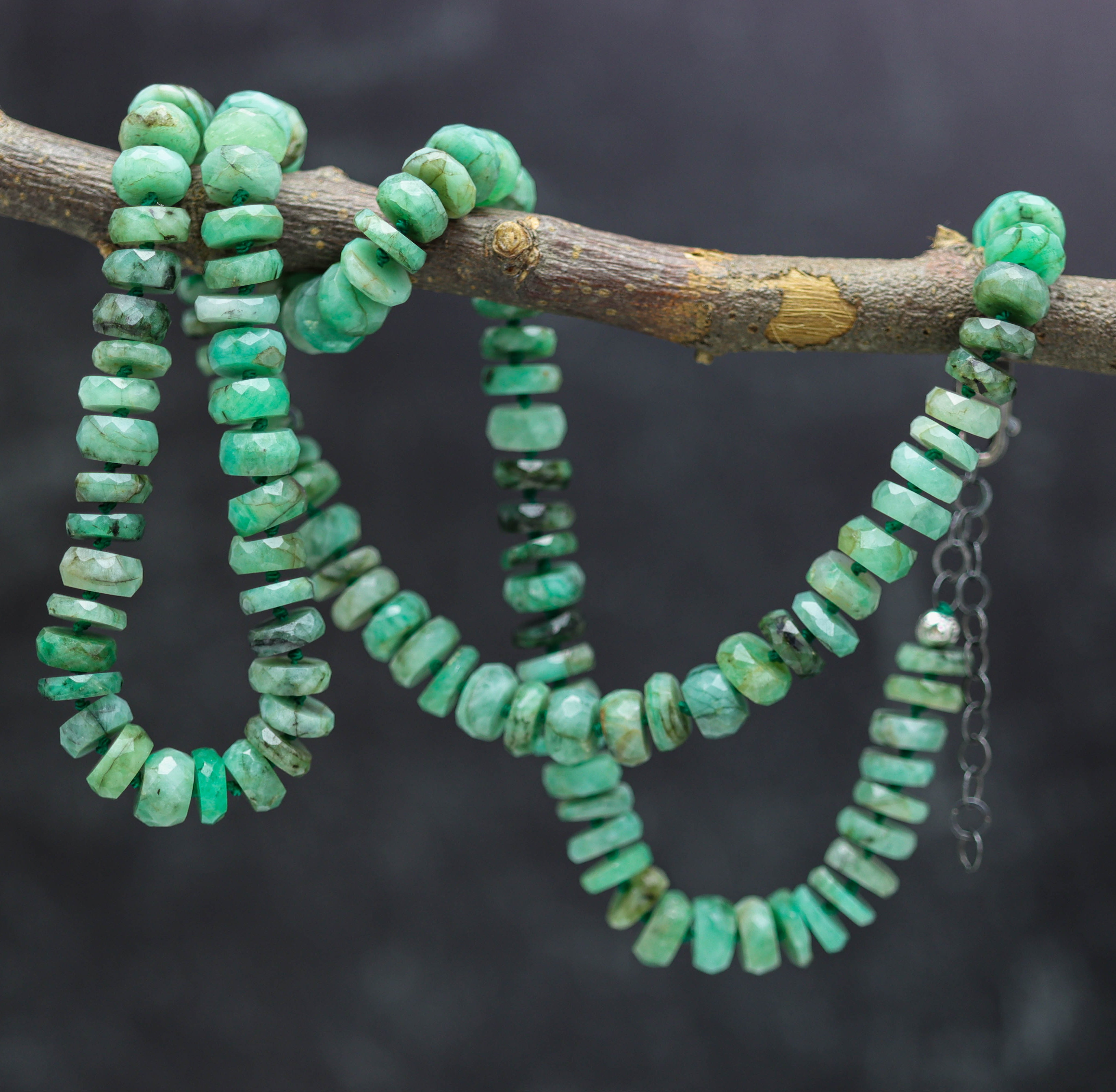 Natural Emerald Hand Knotted Bead Necklace Sterling Silver