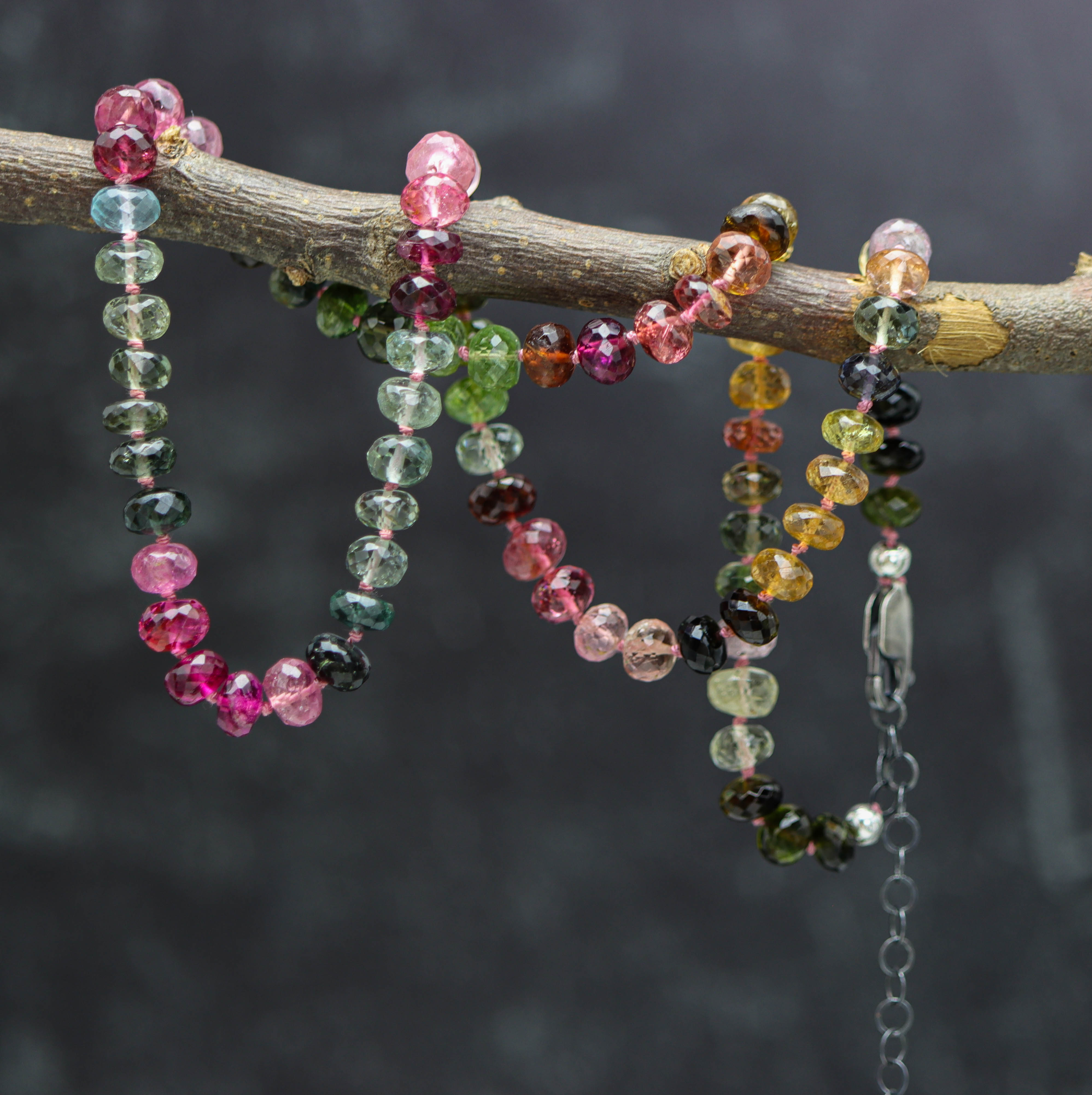 Stunning Multi Colored Tourmaline Hand Knotted Bead Necklace Sterling Silver #2