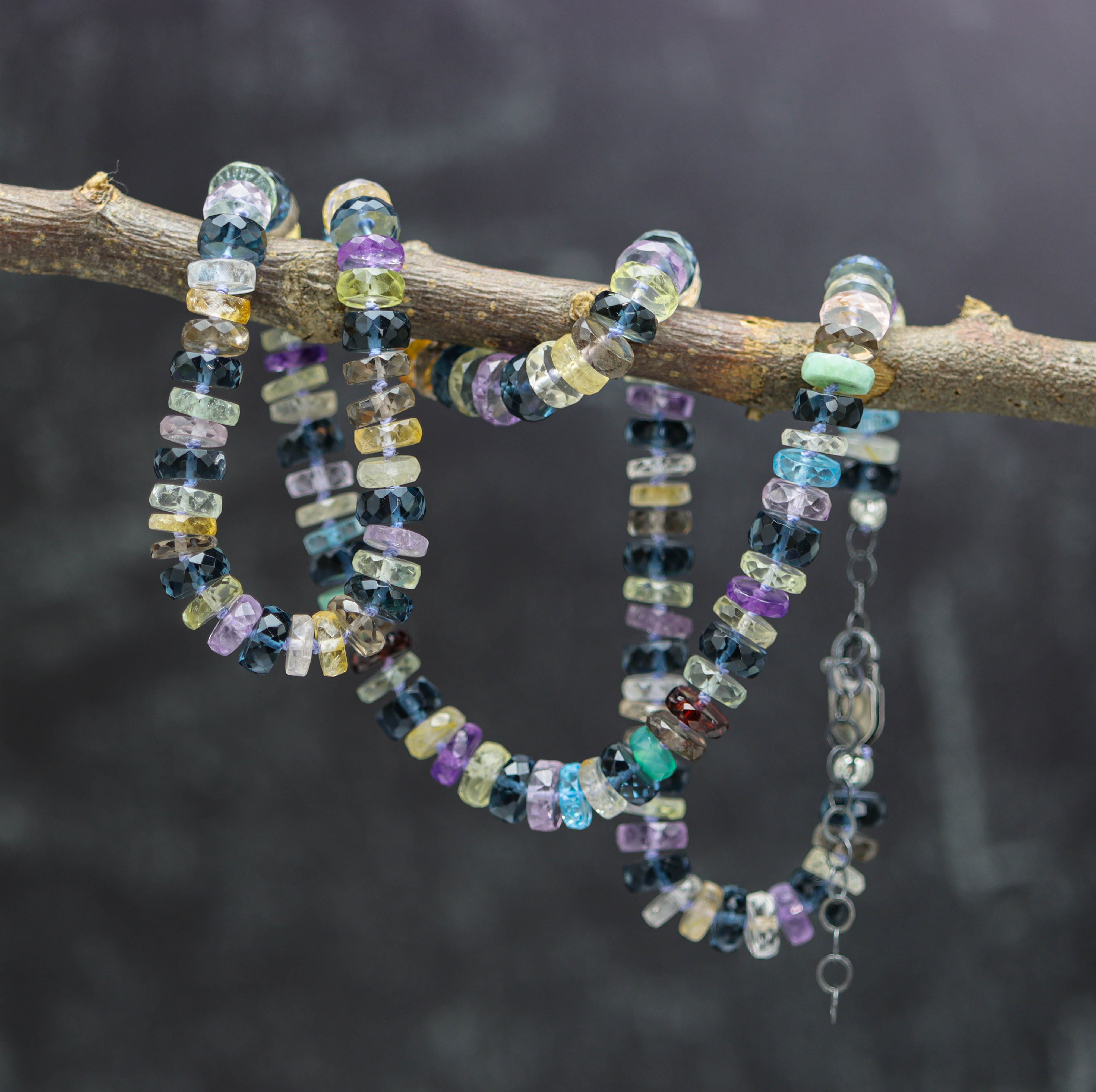 Multi Gemstone Hand Knotted Bead Necklace Sterling Silver