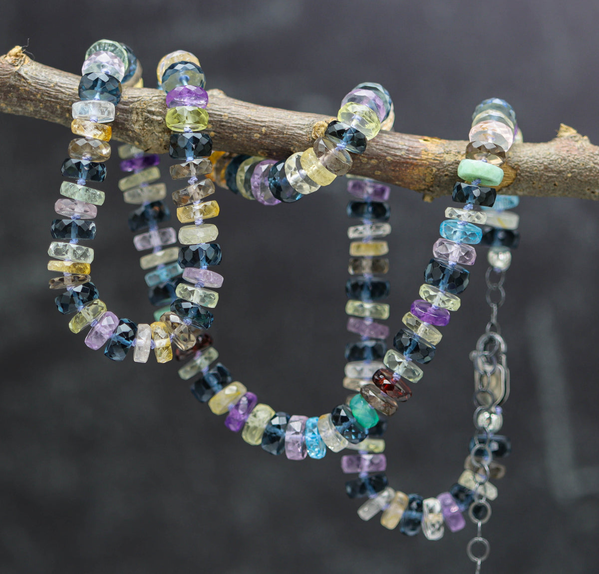 Multi Gemstone Hand Knotted Bead Necklace Sterling Silver