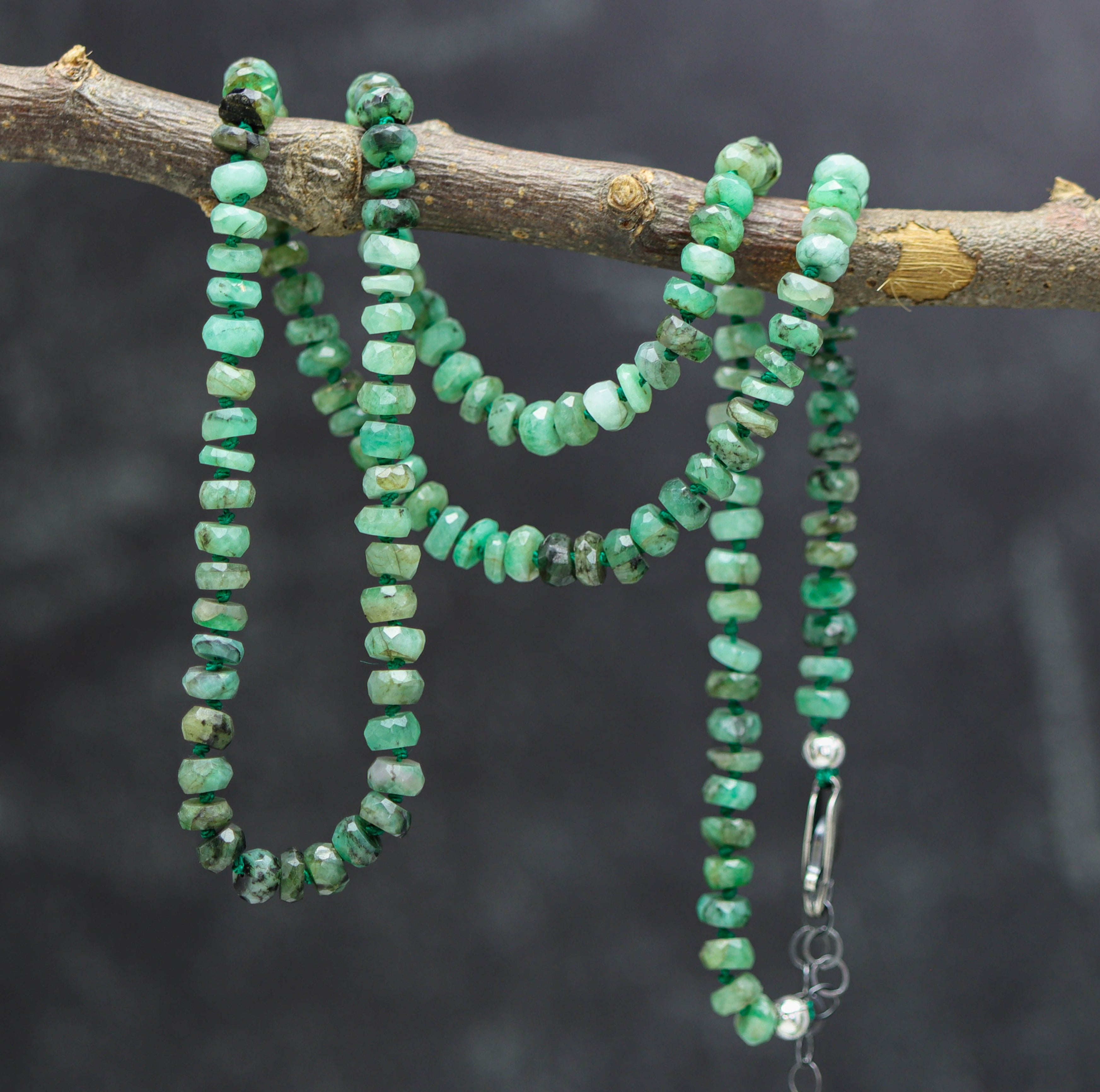 Natural Emerald Hand Knotted Bead Necklace Sterling Silver