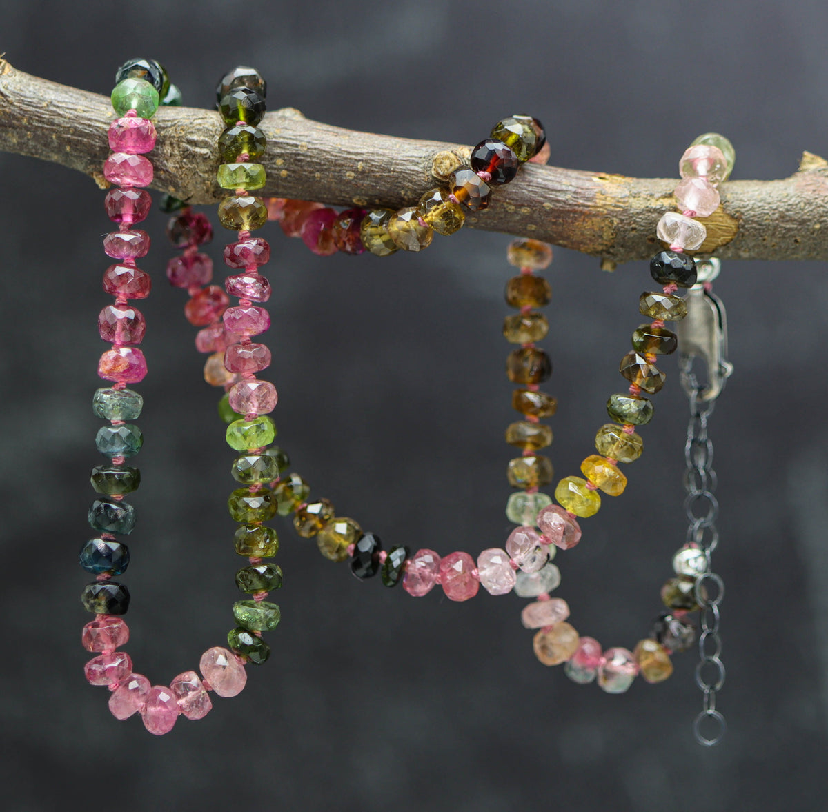 Multi Colored Tourmaline Hand Knotted Bead Necklace Sterling Silver