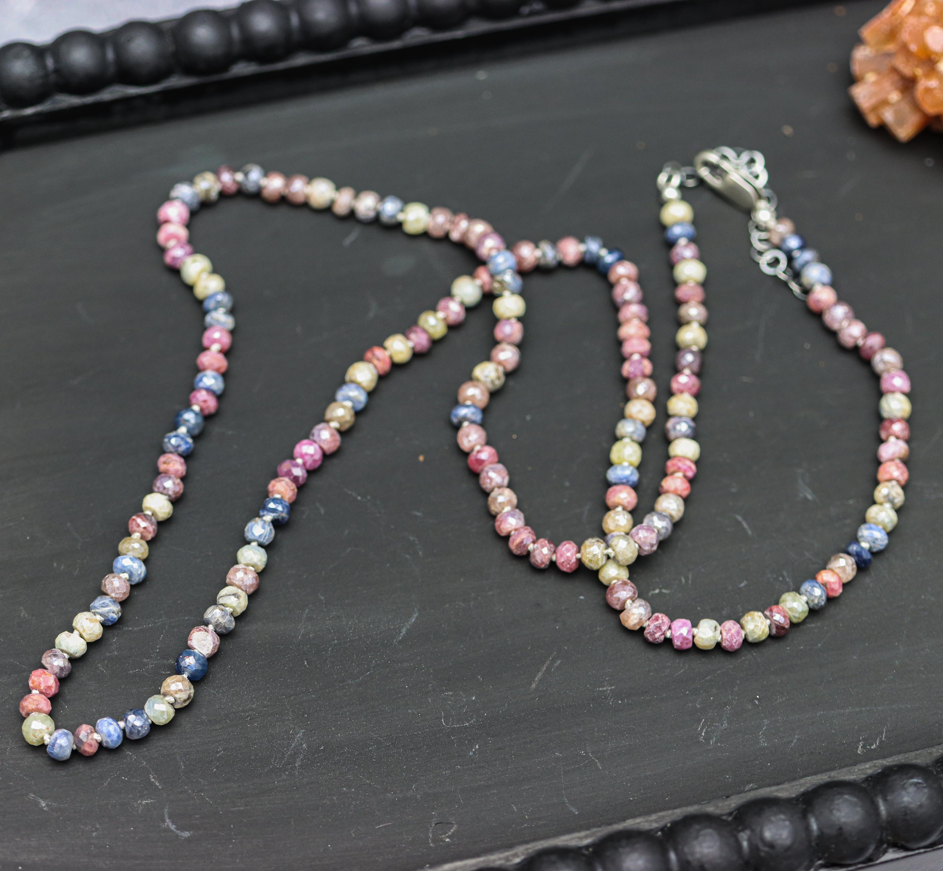Multi Colored Sapphire Hand Knotted Bead Necklace Sterling Silver