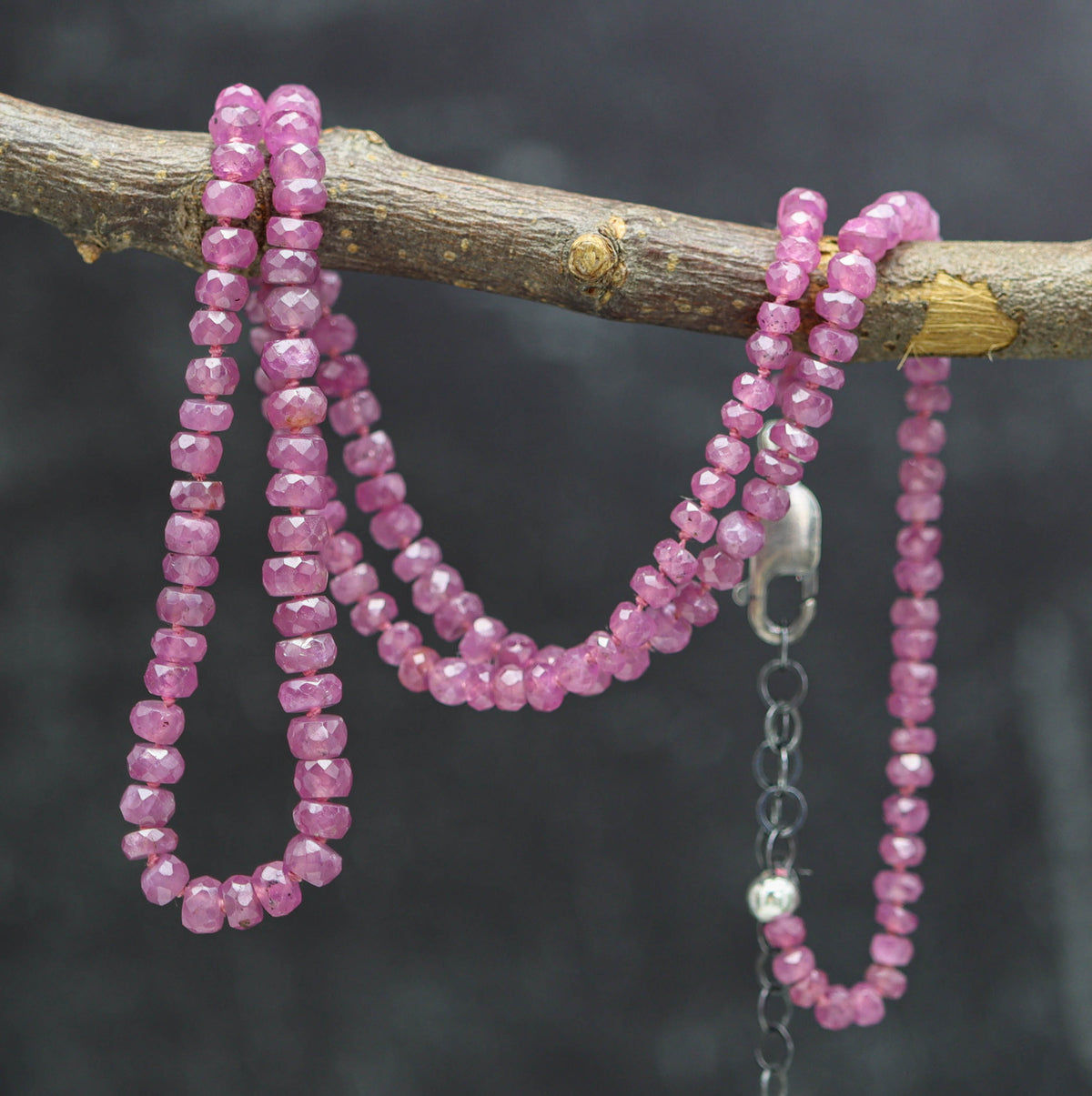 Pink Sapphire Hand Knotted Bead Necklace Sterling Silver