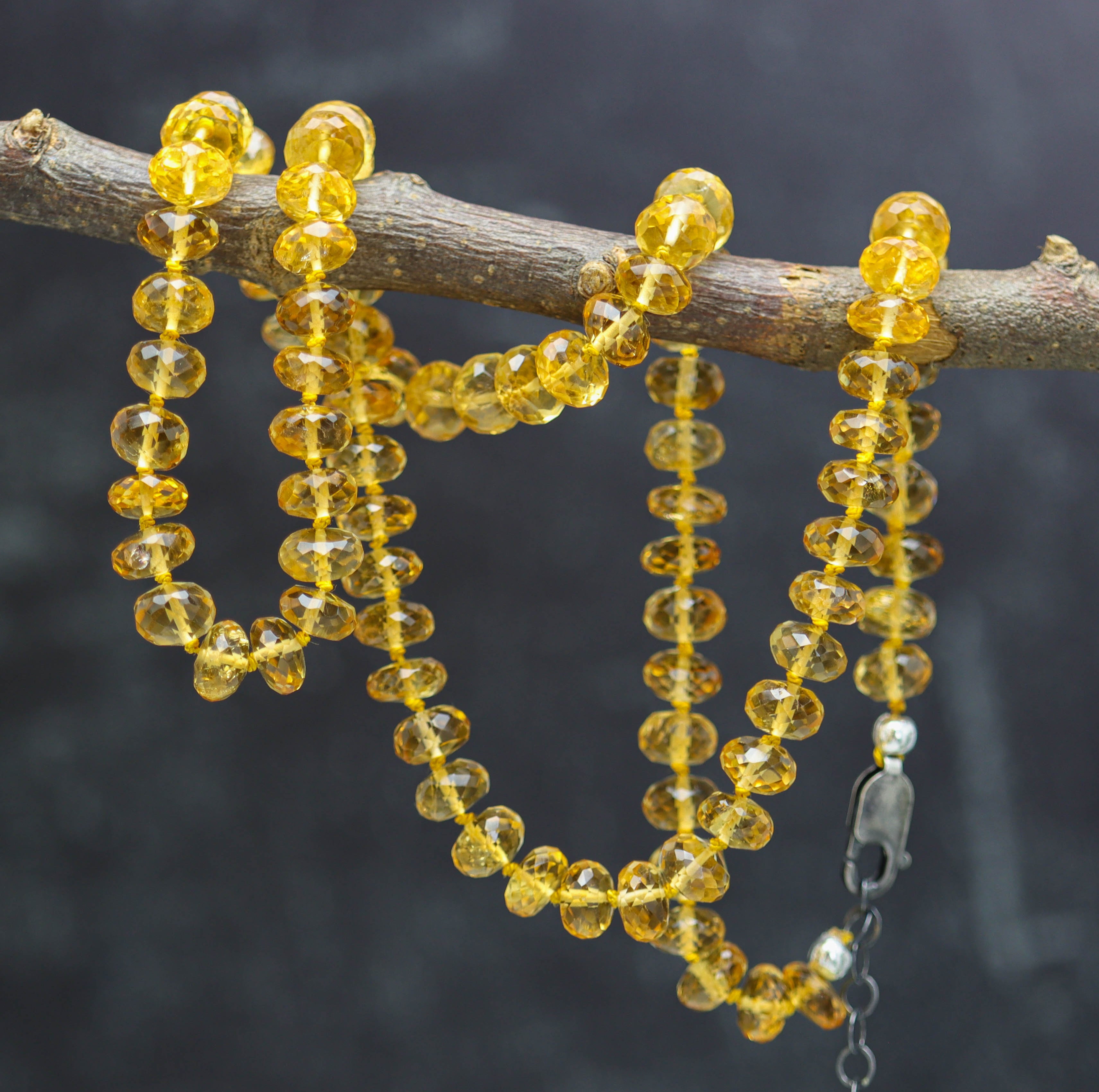 Yellow Citrine Hand Knotted Bead Necklace Sterling Silver