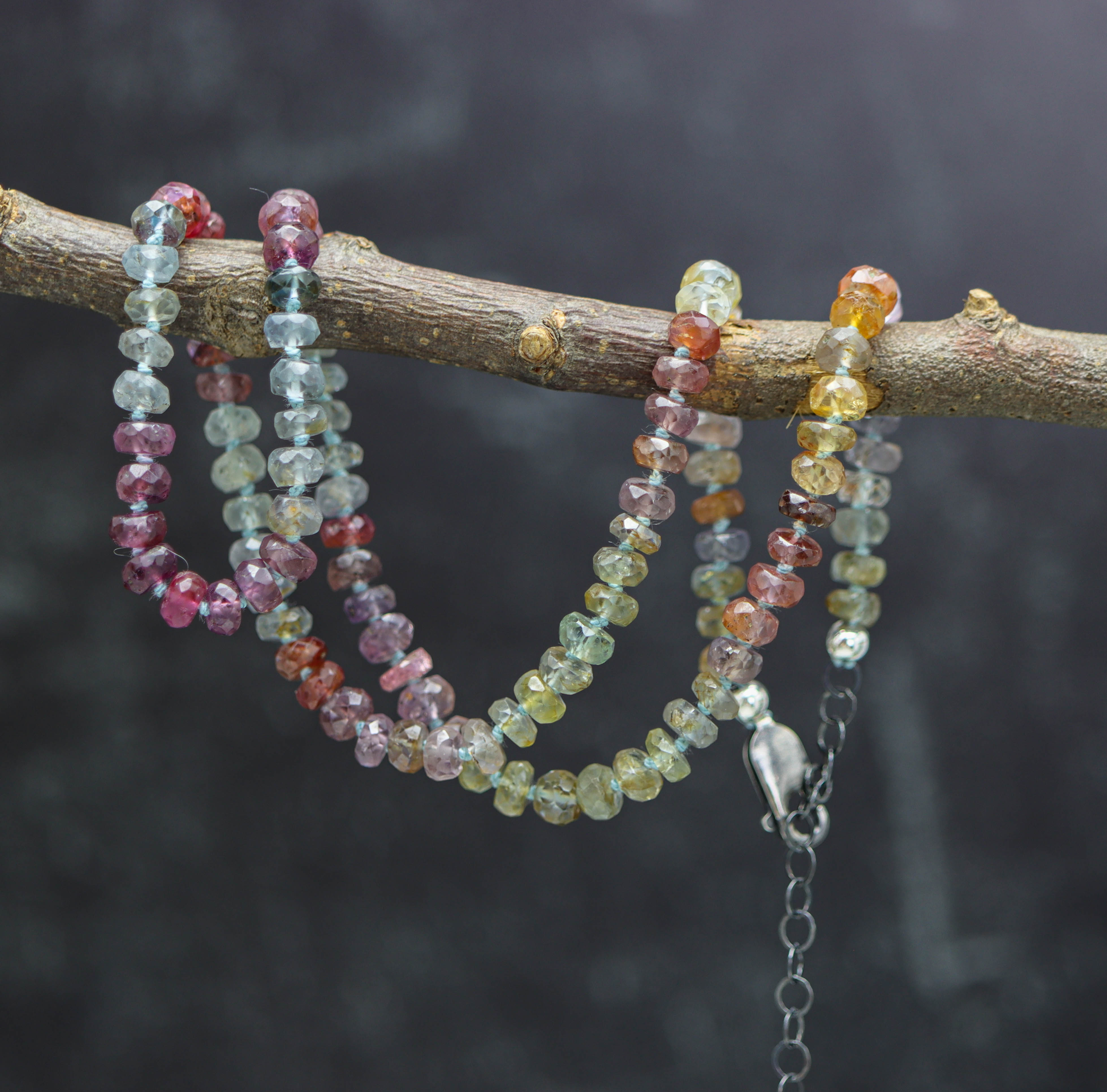 Multi Colored Sapphire Hand Knotted Bead Necklace Sterling Silver 18 inch