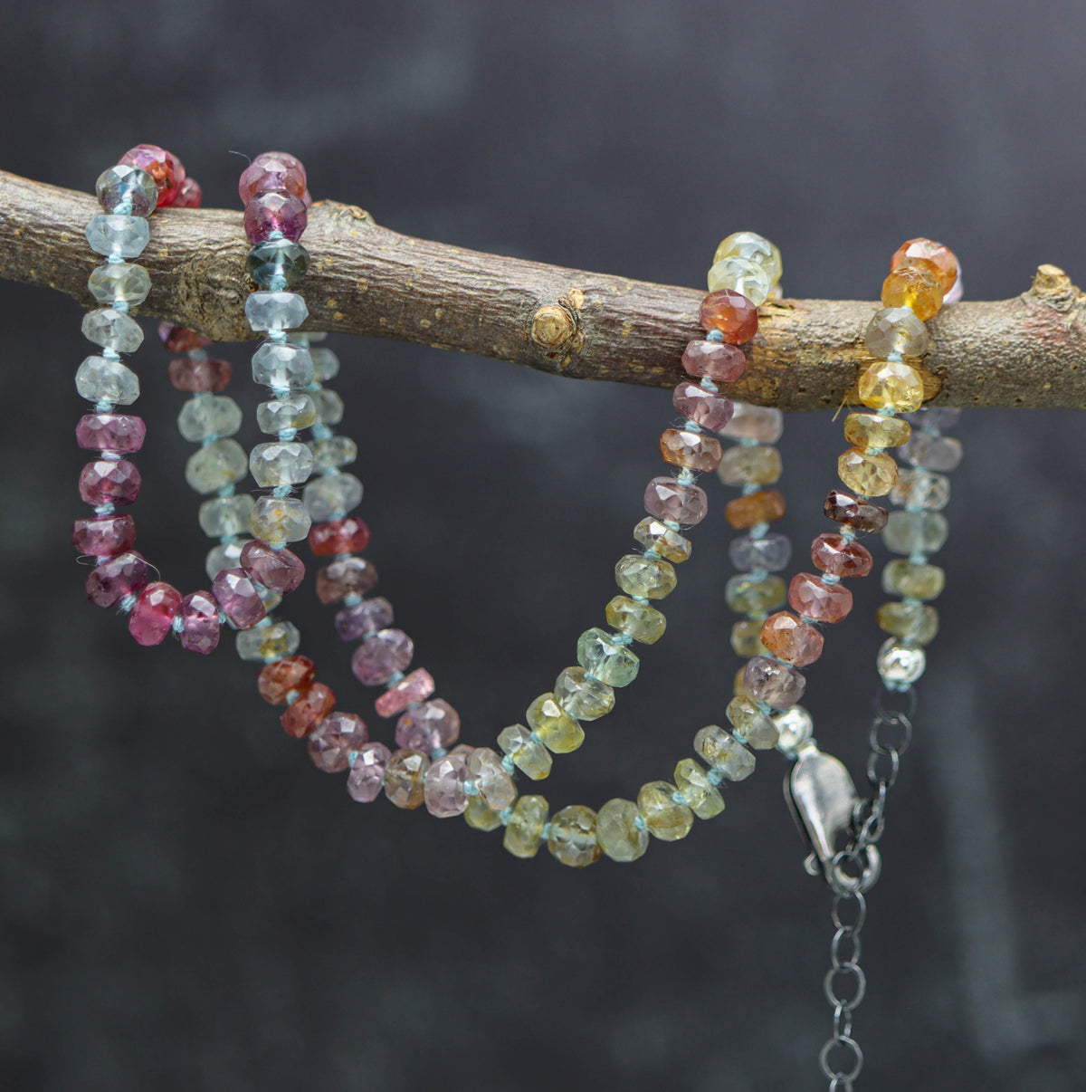 Multi Colored Sapphire Hand Knotted Bead Necklace Sterling Silver 18 inch