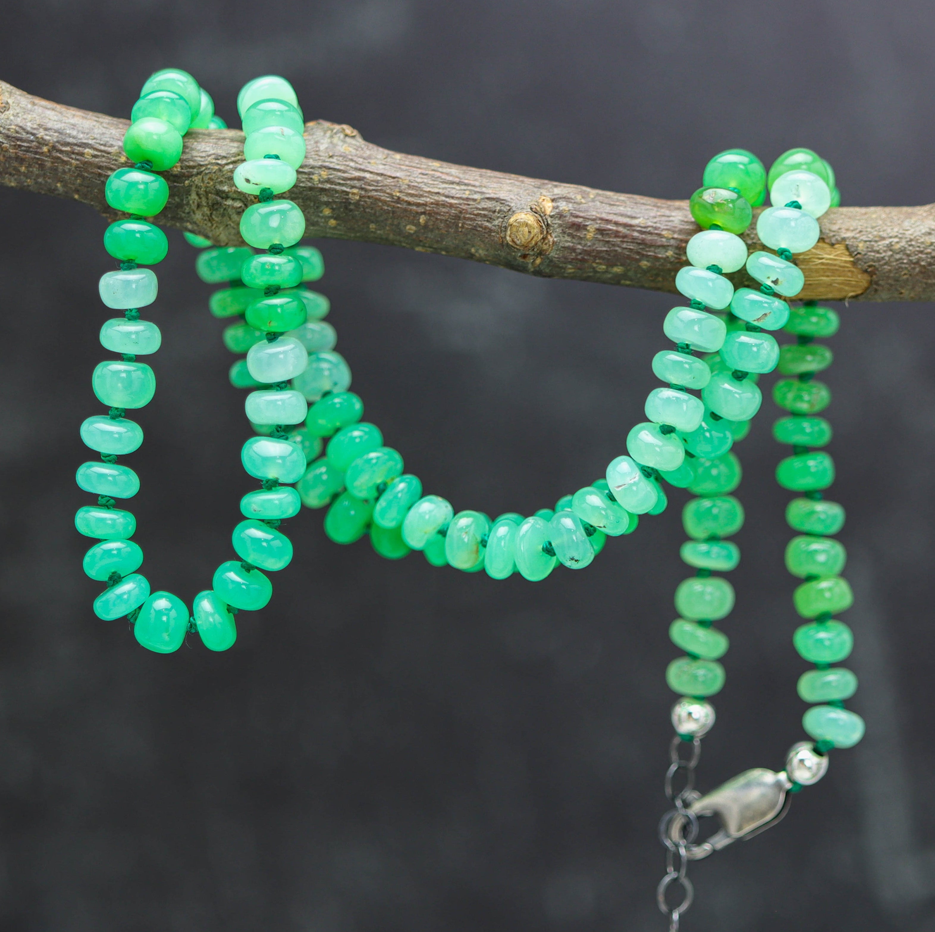 Chrysoprase Hand Knotted Bead Necklace Sterling Silver
