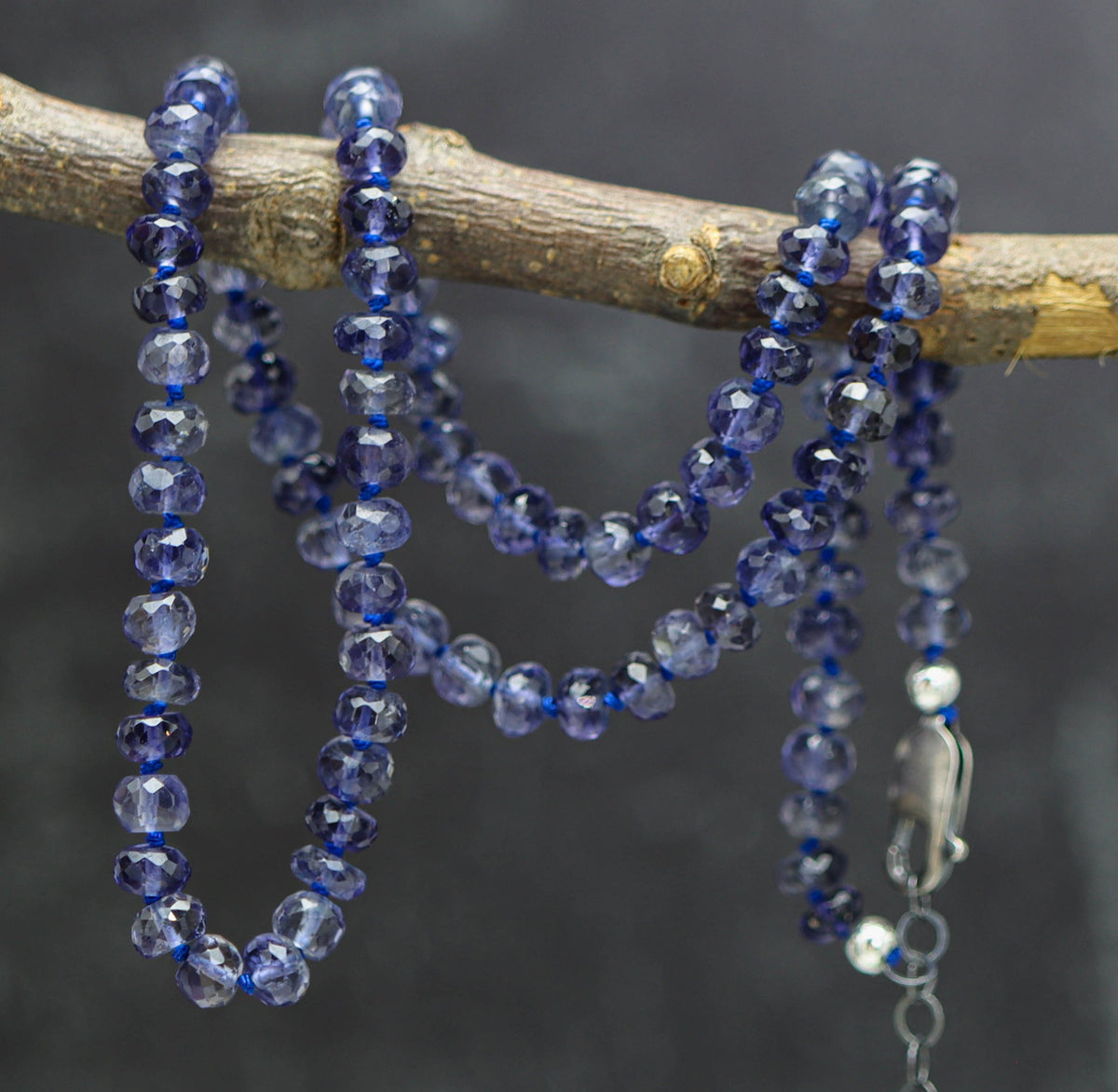Blue Violet Iolite Hand Knotted Bead Necklace Sterling Silver 18 inch