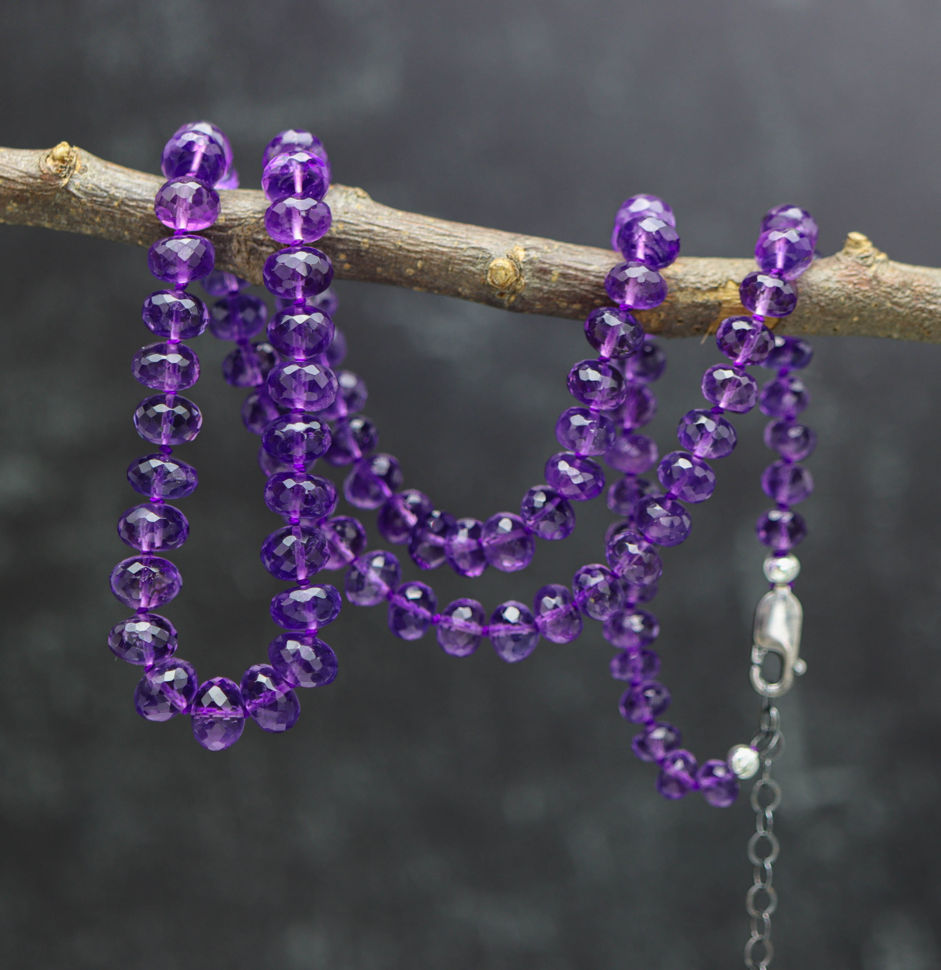 Amethyst Hand Knotted Bead Necklace Sterling Silver