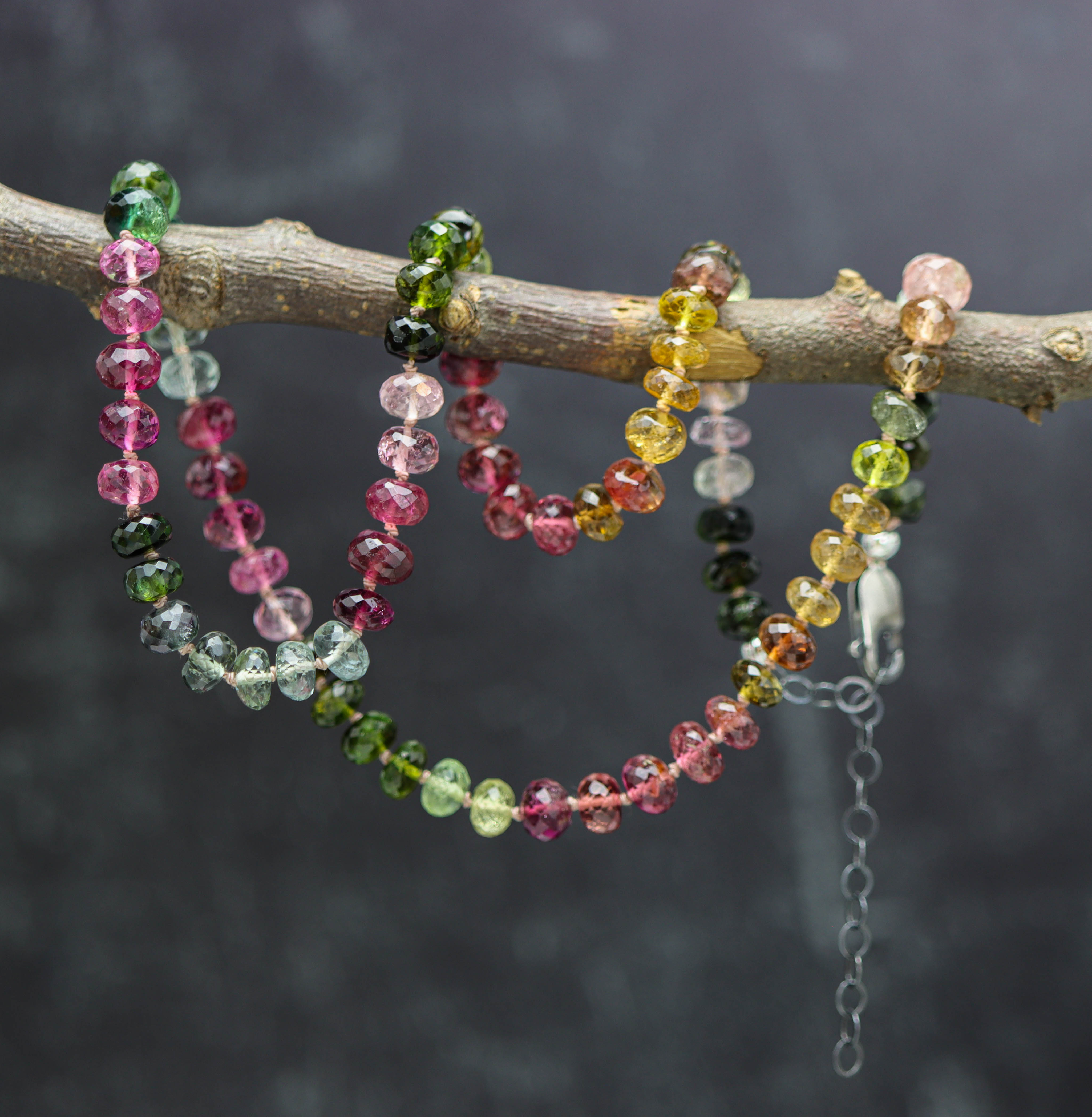 Stunning Multi Colored Tourmaline Hand Knotted Bead Necklace Sterling Silver #1