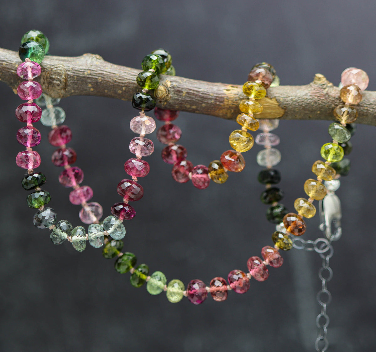Stunning Multi Colored Tourmaline Hand Knotted Bead Necklace Sterling Silver #1