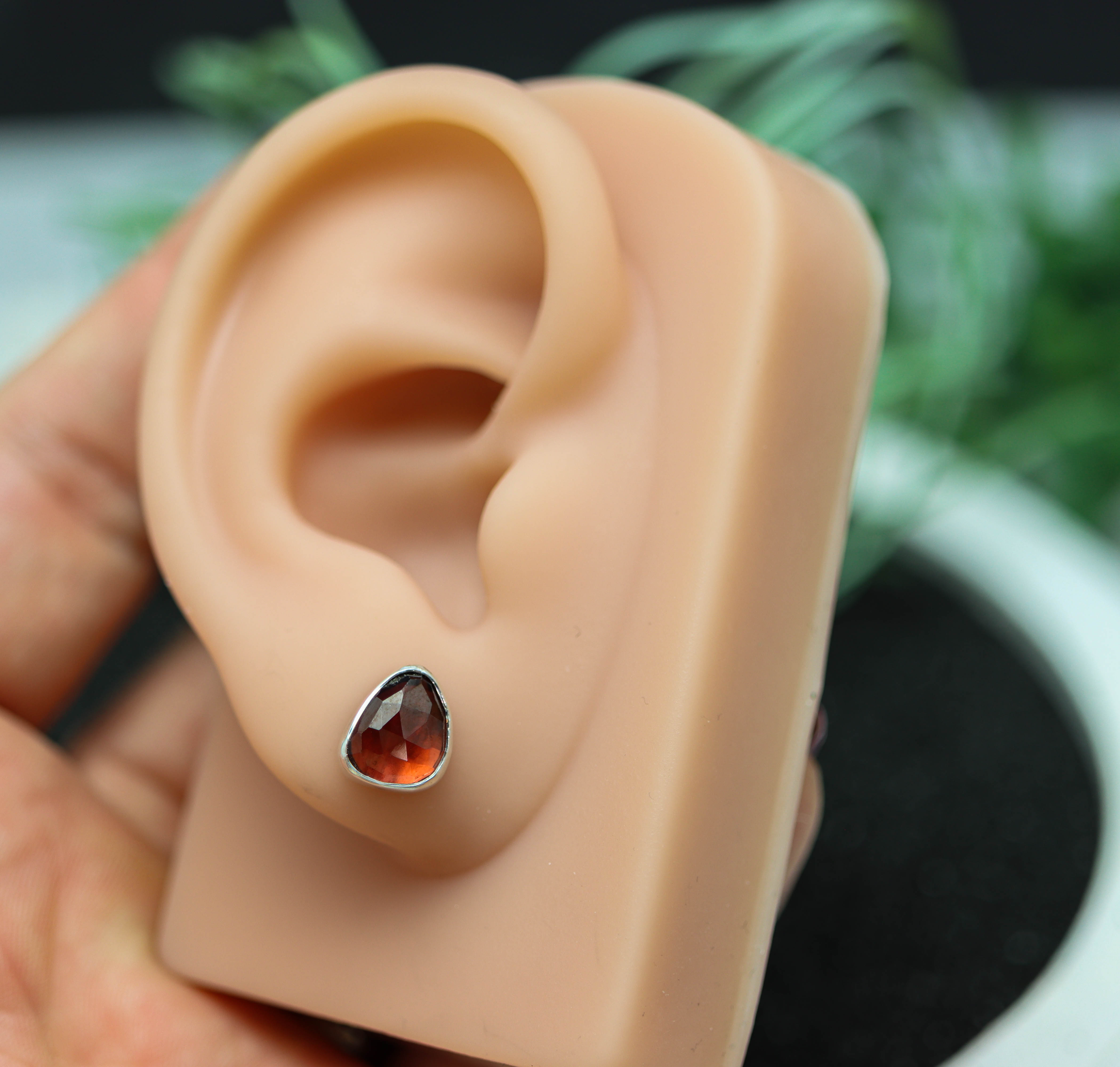 Red Garnet Stud Earrings Sterling Silver