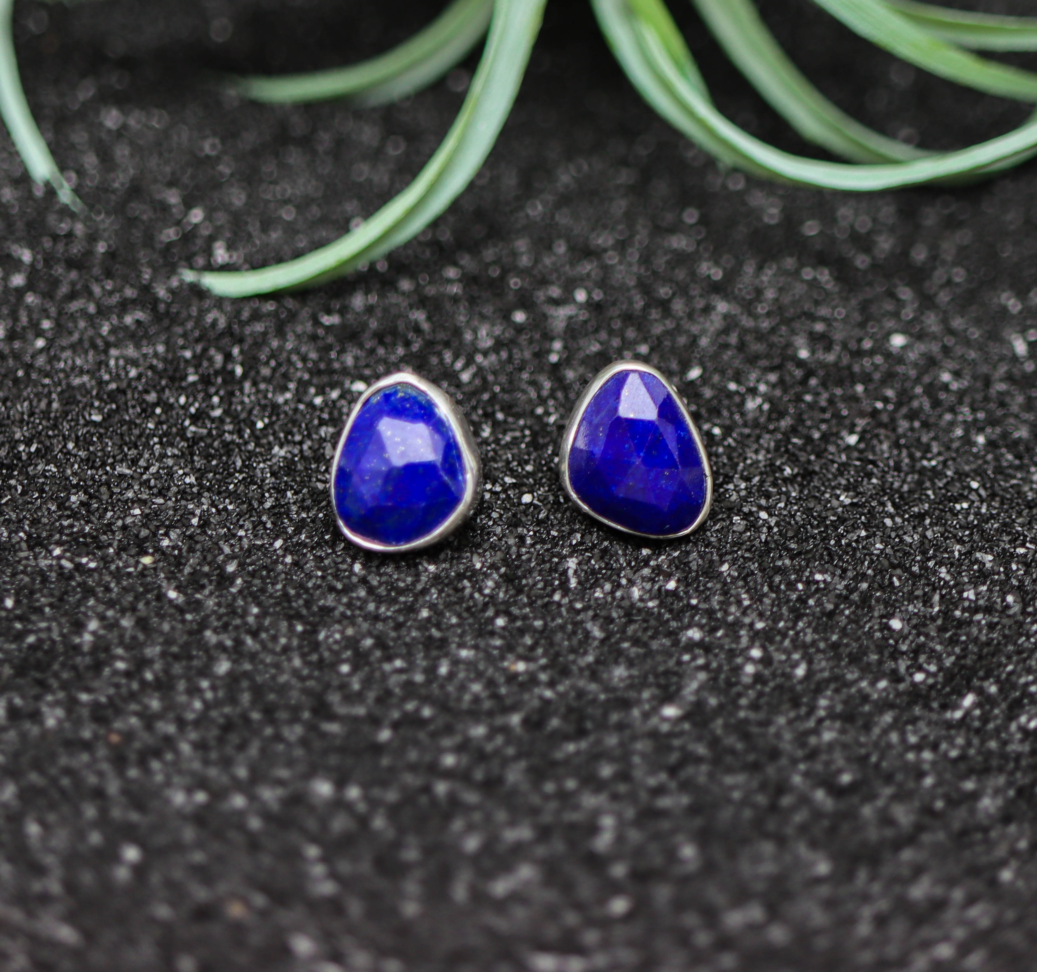 Blue Lapis Lazuli Stud Earrings Sterling Silver