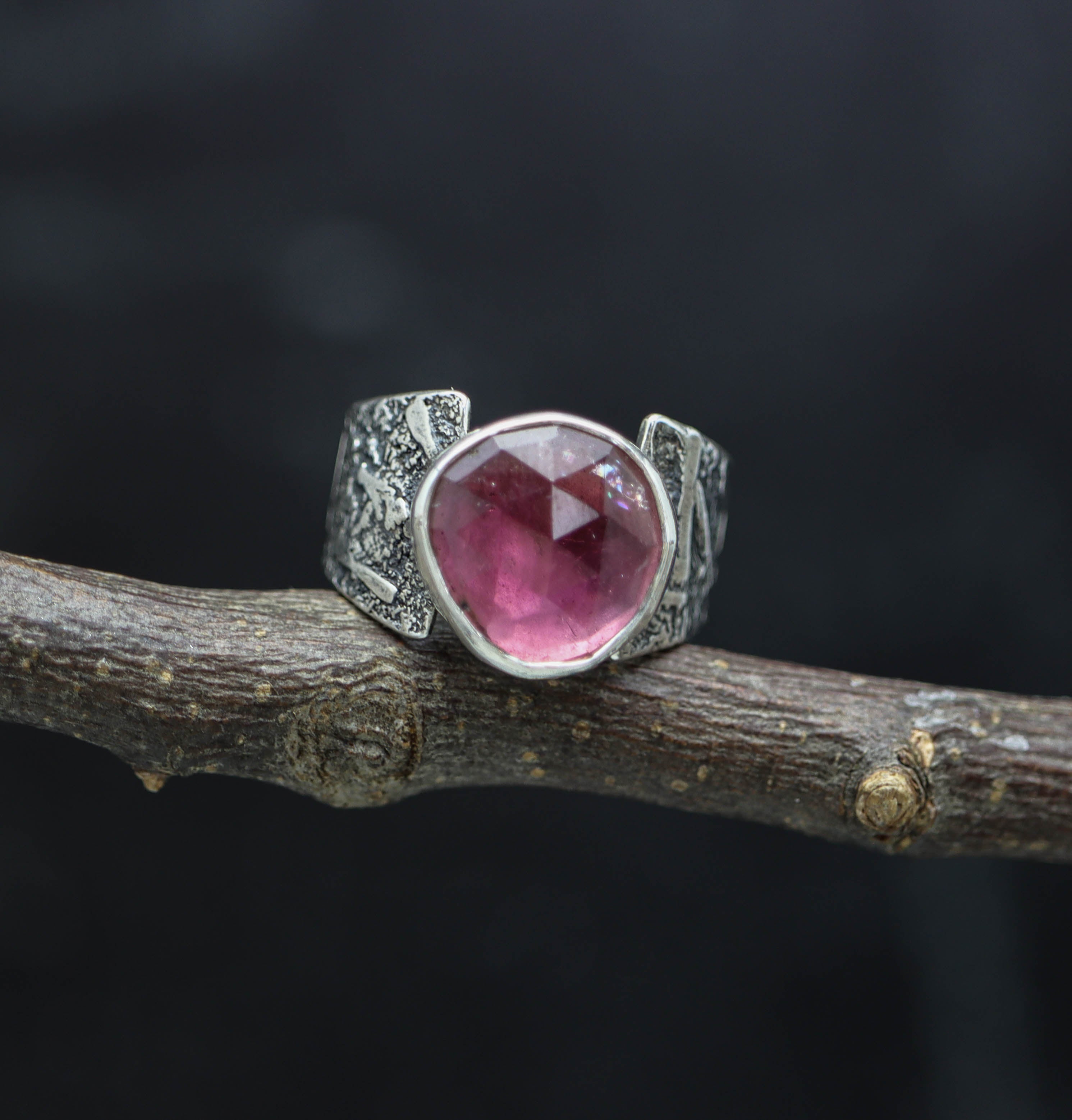 Pink Tourmaline Sterling Silver Wide Band Ring