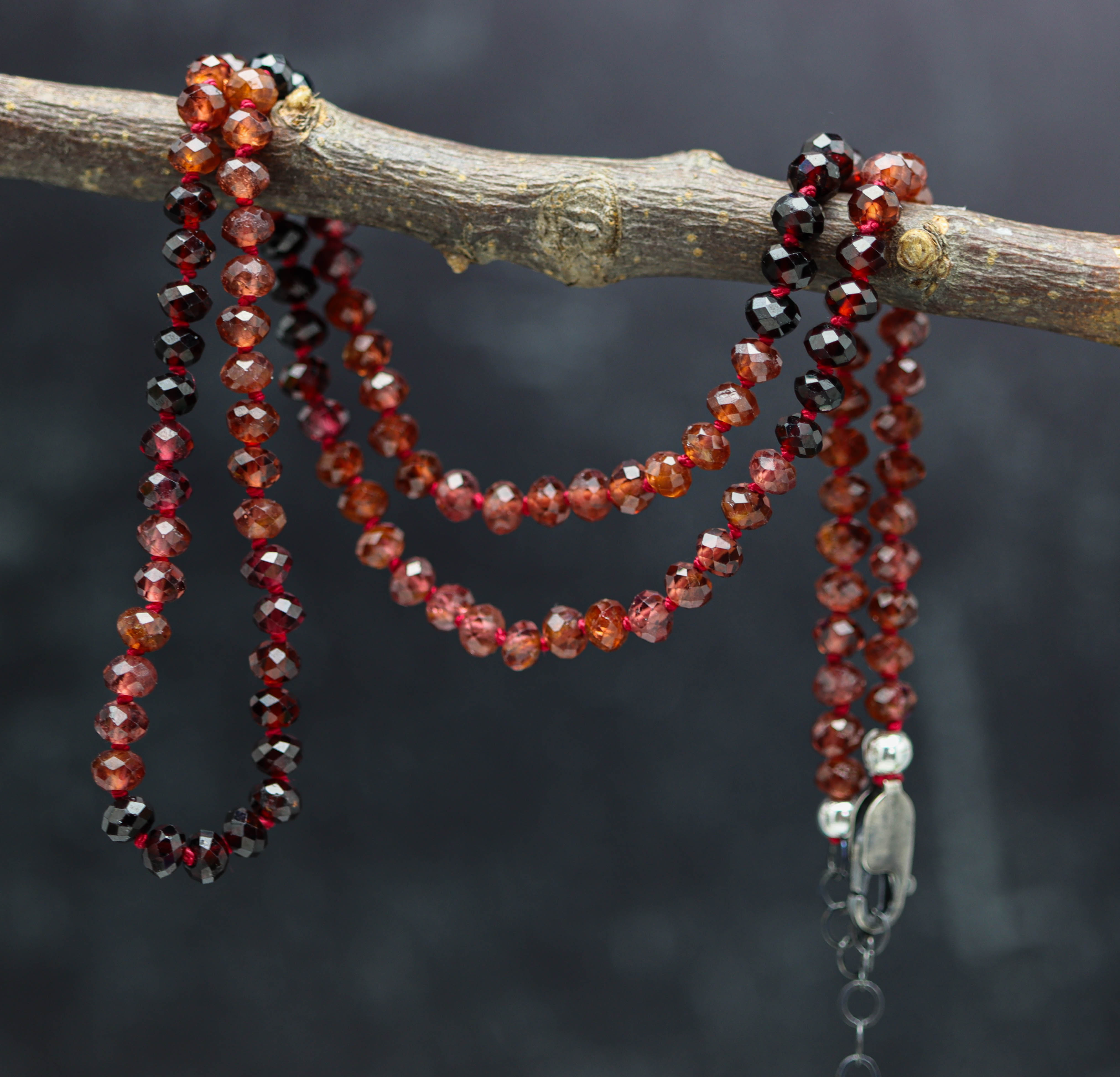 Multi-Tonal Garnet Hand-Knotted Strand Necklace in Sterling Silver
