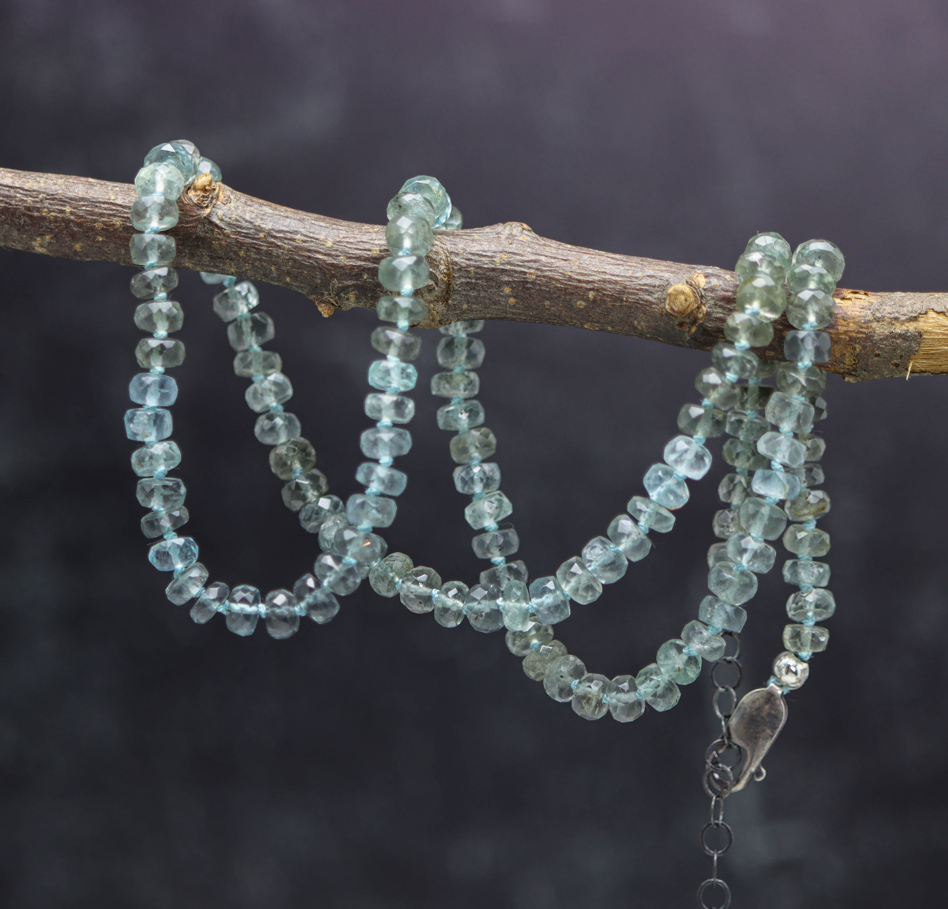 Aquamarine Hand Knotted Bead Necklace Sterling Silver 18.5 Inch