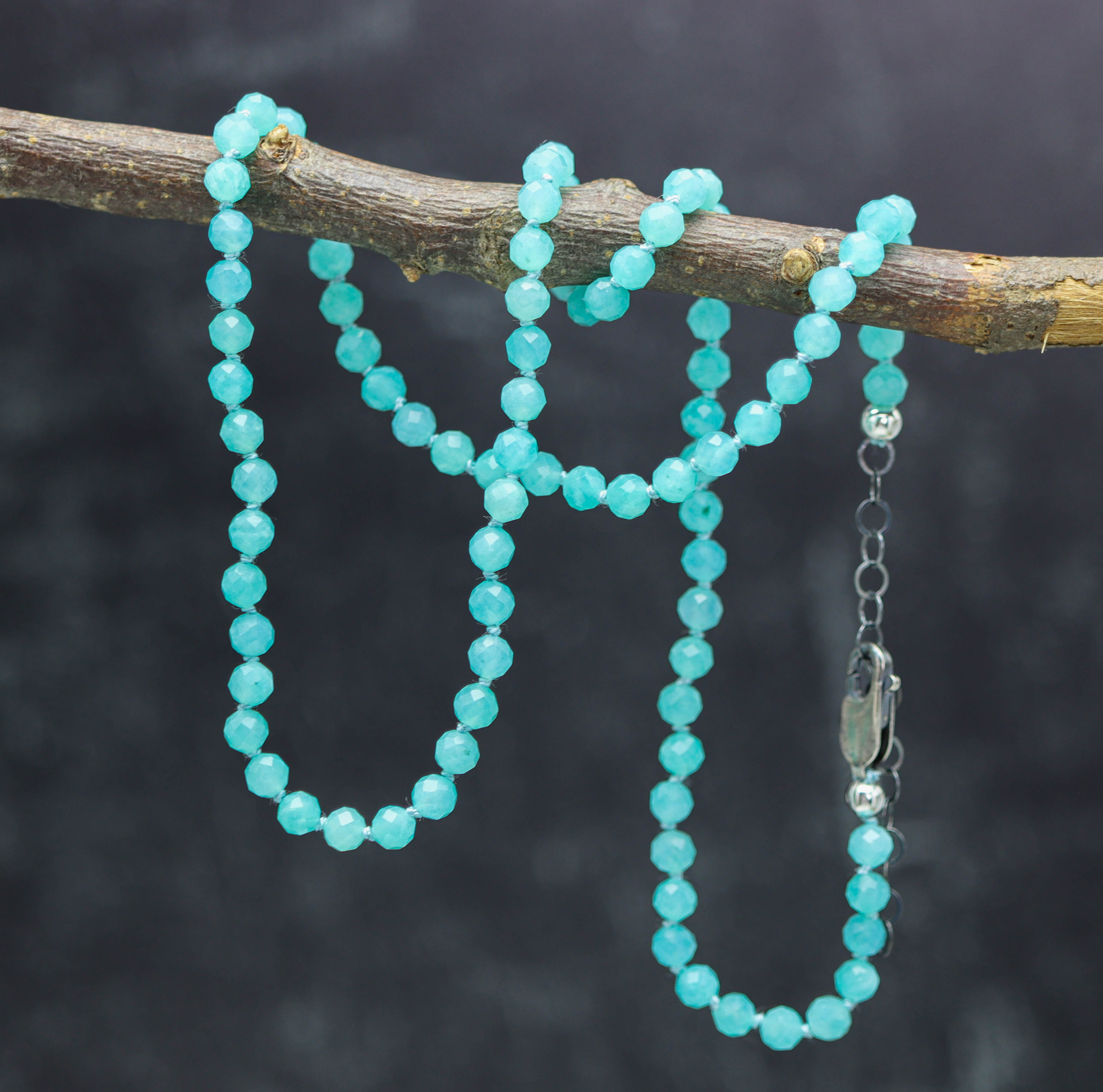 Amazonite Hand Knotted Bead Necklace Sterling Silver