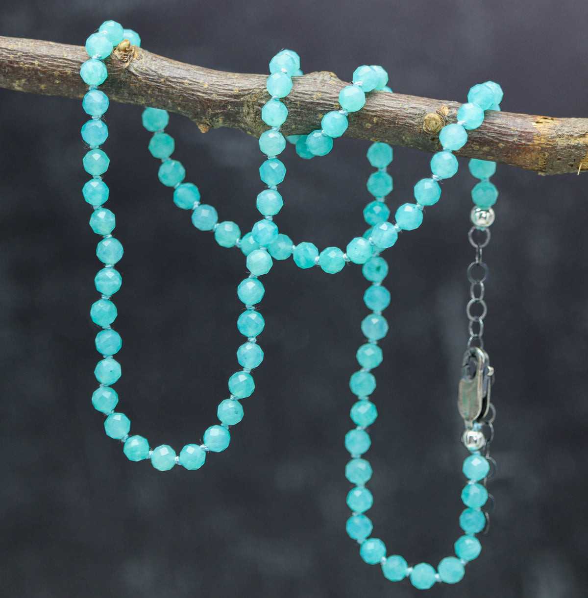 Amazonite Hand Knotted Bead Necklace Sterling Silver