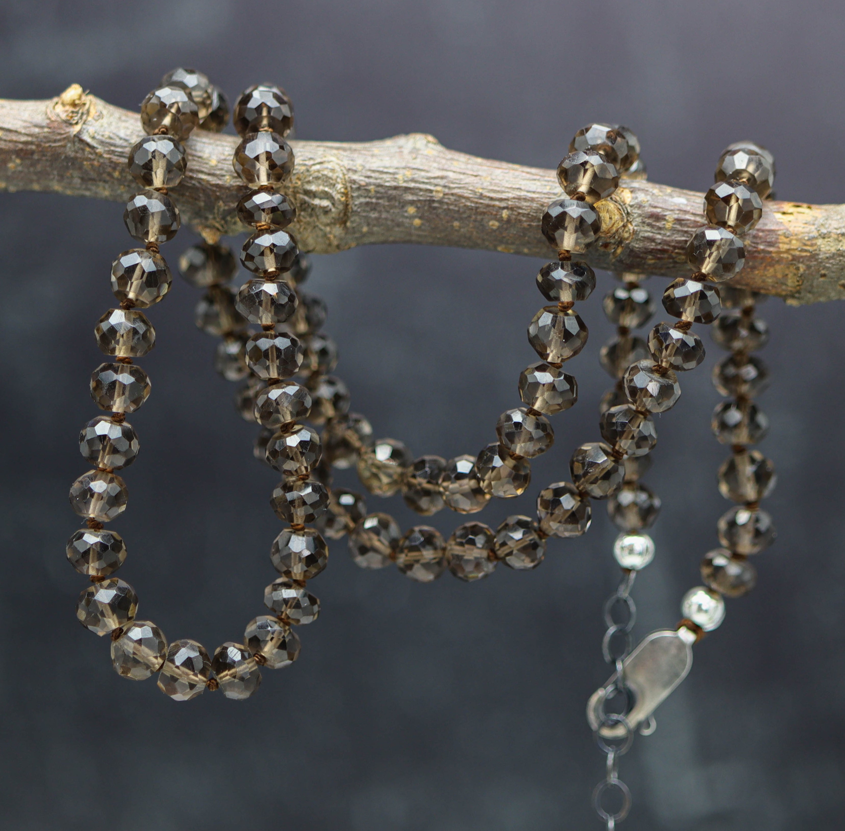 Smoky Quartz Hand Knotted Bead Necklace Sterling Silver