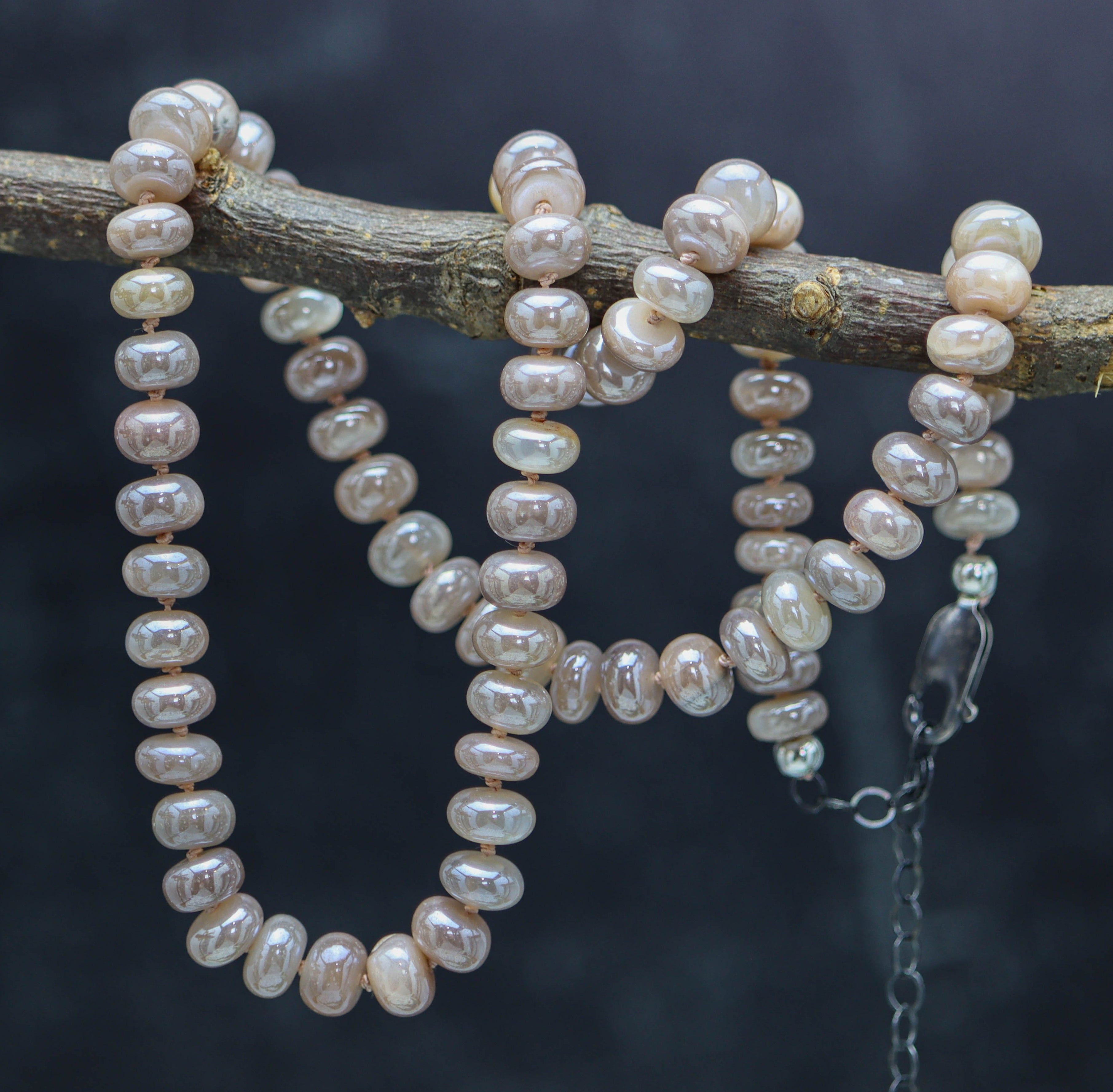 Peach Moonstone Hand Knotted Bead Necklace Sterling Silver