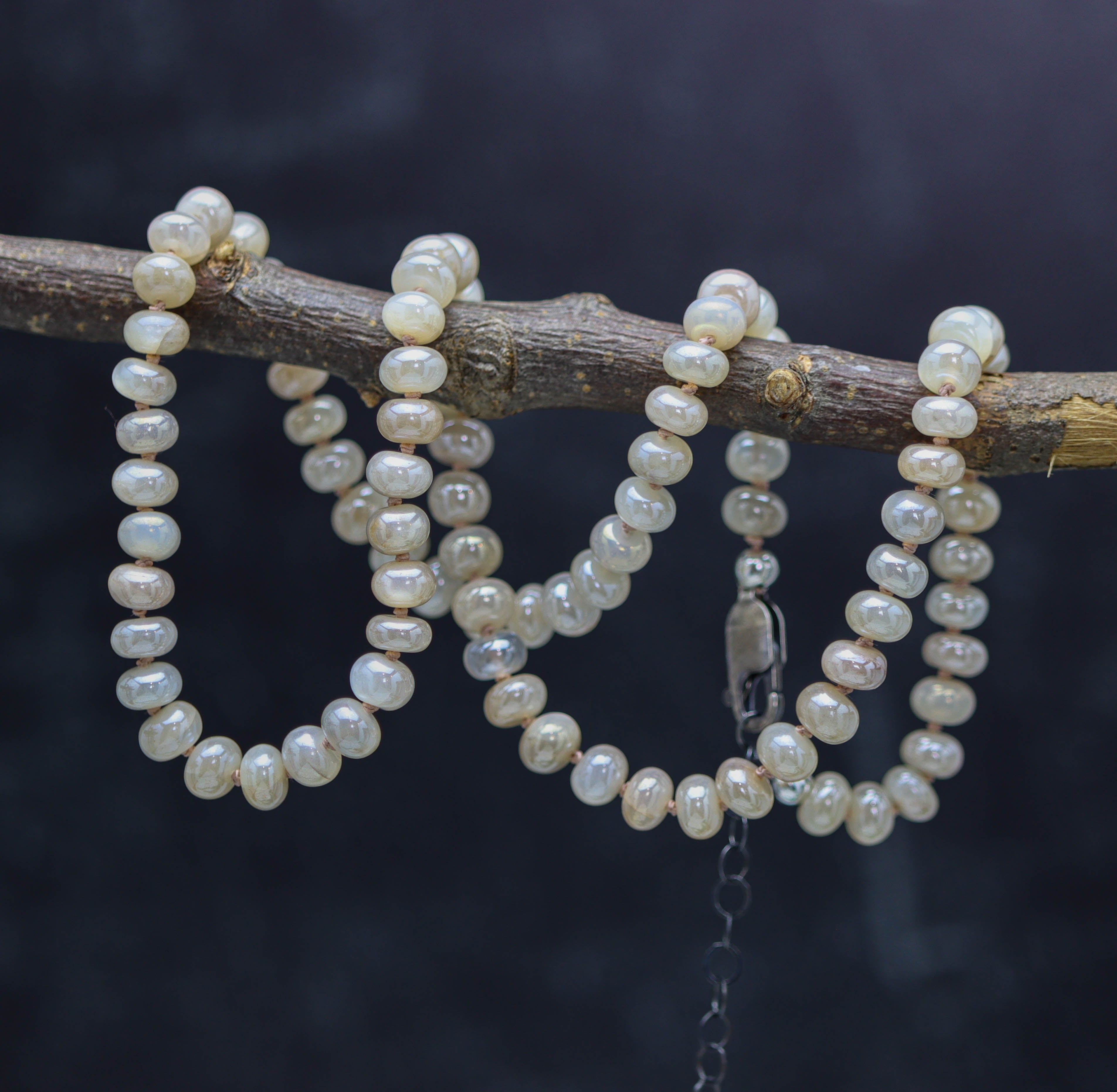 Soft Peach Moonstone Hand Knotted Bead Necklace Sterling Silver