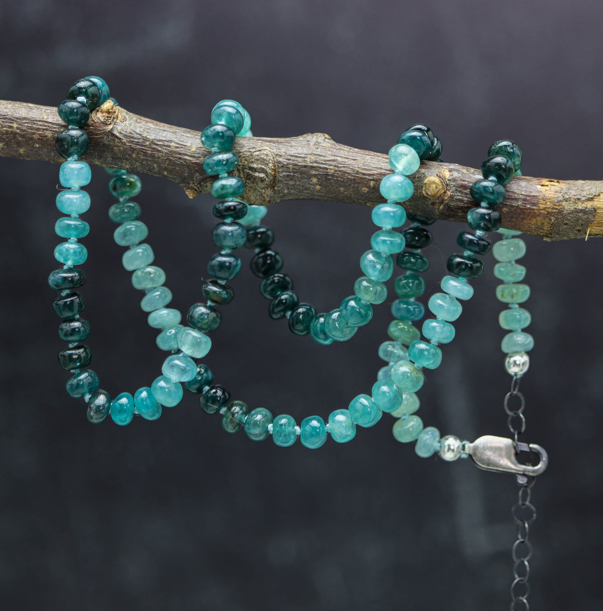 Rare Teal Blue Grandidierite Hand Knotted Bead Necklace Sterling Silver
