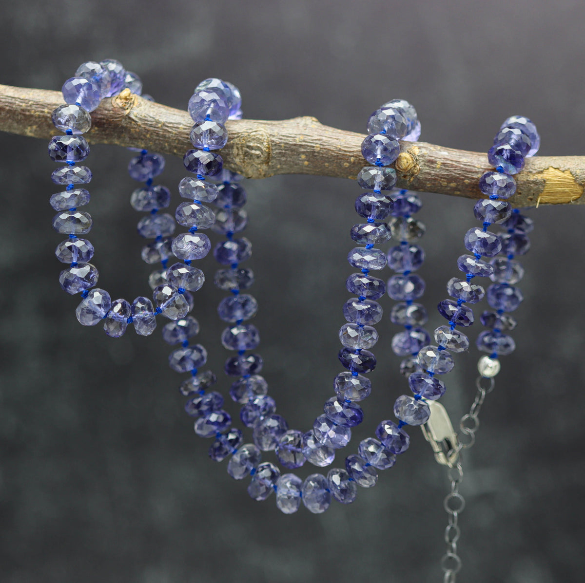 Blue Violet Iolite Hand Knotted Bead Necklace Sterling Silver