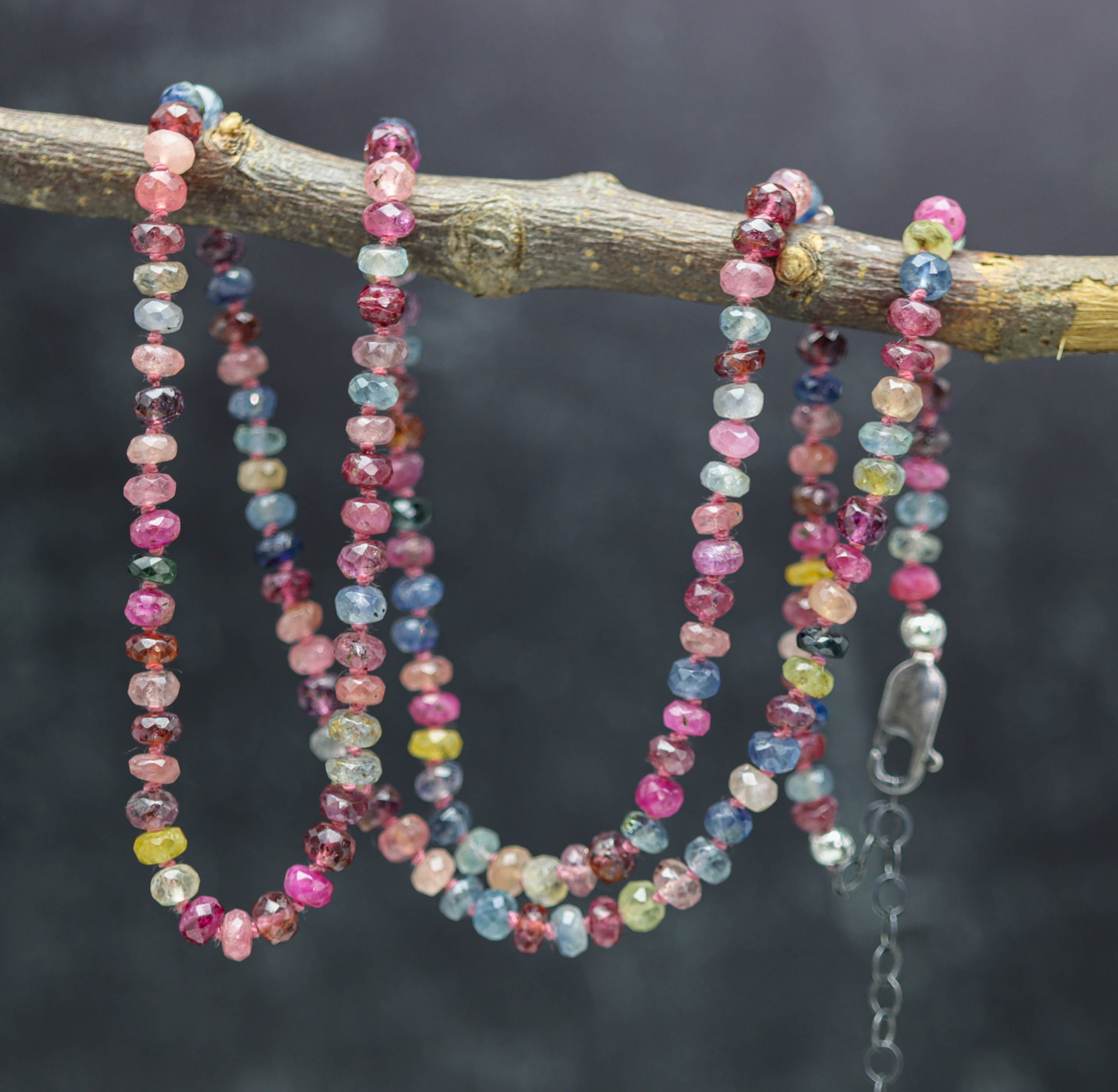 Multi Colored Sapphire Hand Knotted Bead Necklace Sterling Silver 24 inch