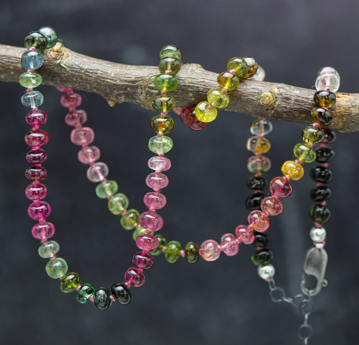 Multi-Colored Tourmaline Hand Knotted Bead Necklace Sterling Silver