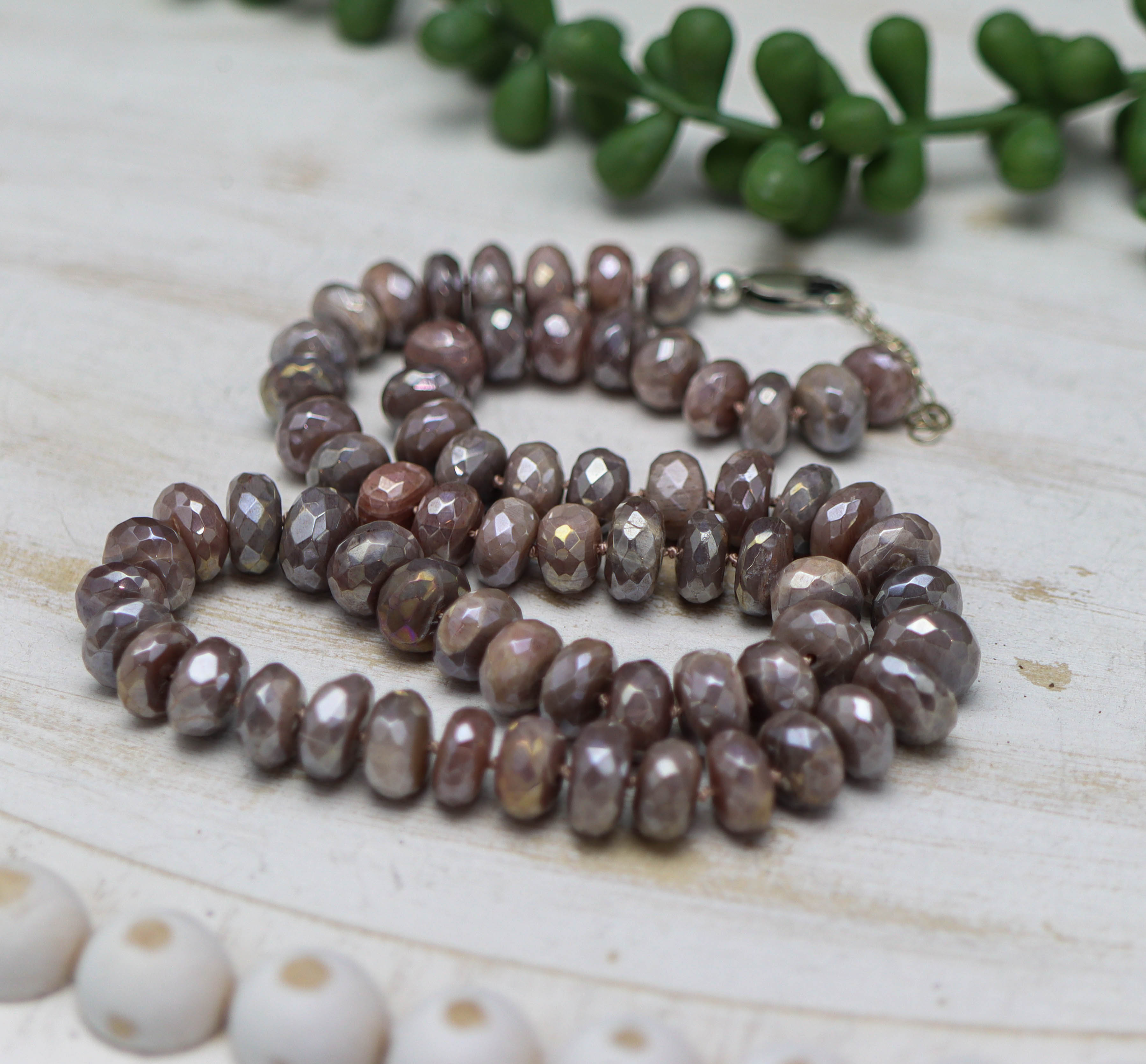 Peachy Pink Moonstone Hand Knotted Bead Necklace Sterling Silver