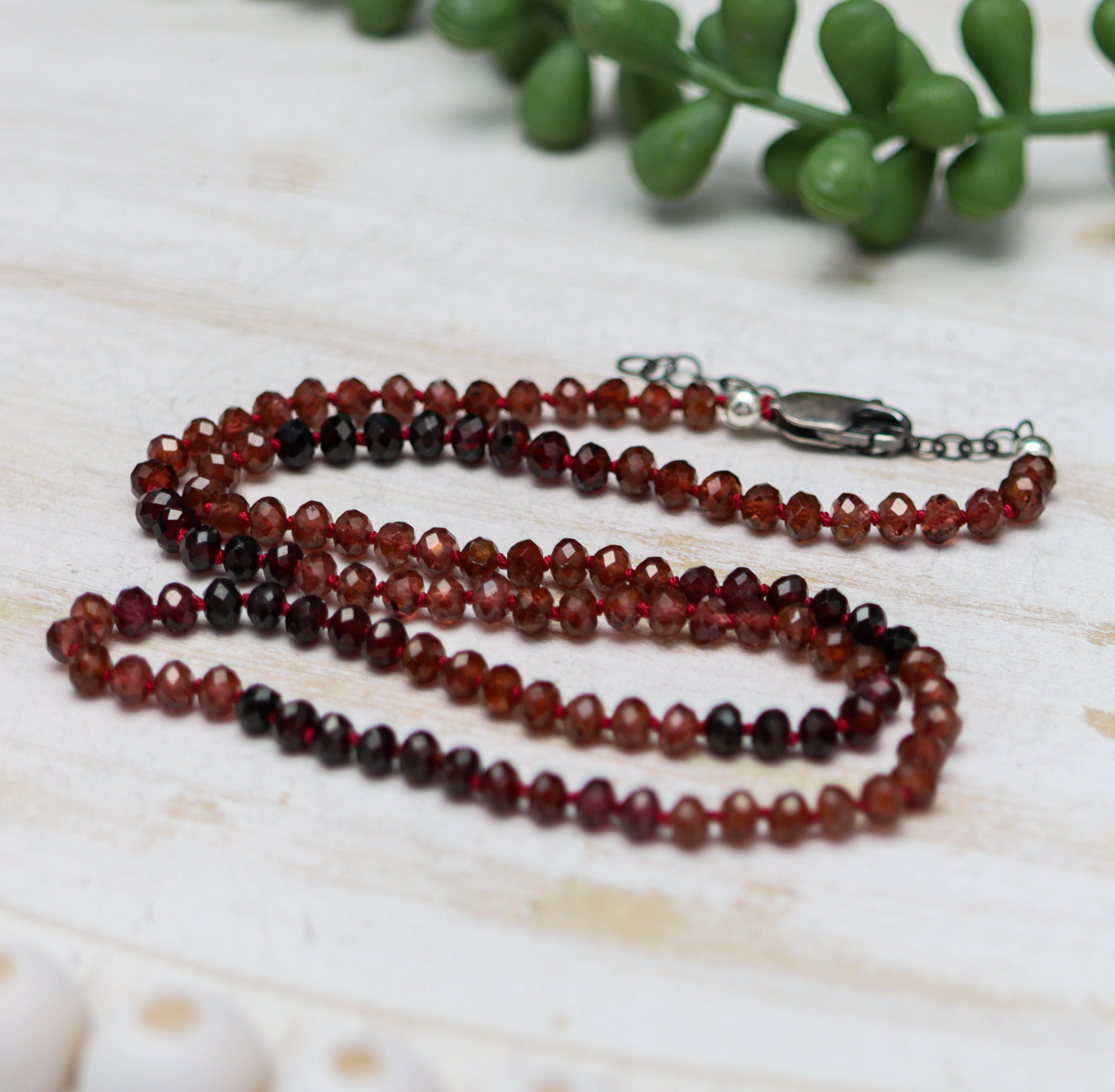 Multi-Tonal Garnet Hand-Knotted Strand Necklace in Sterling Silver