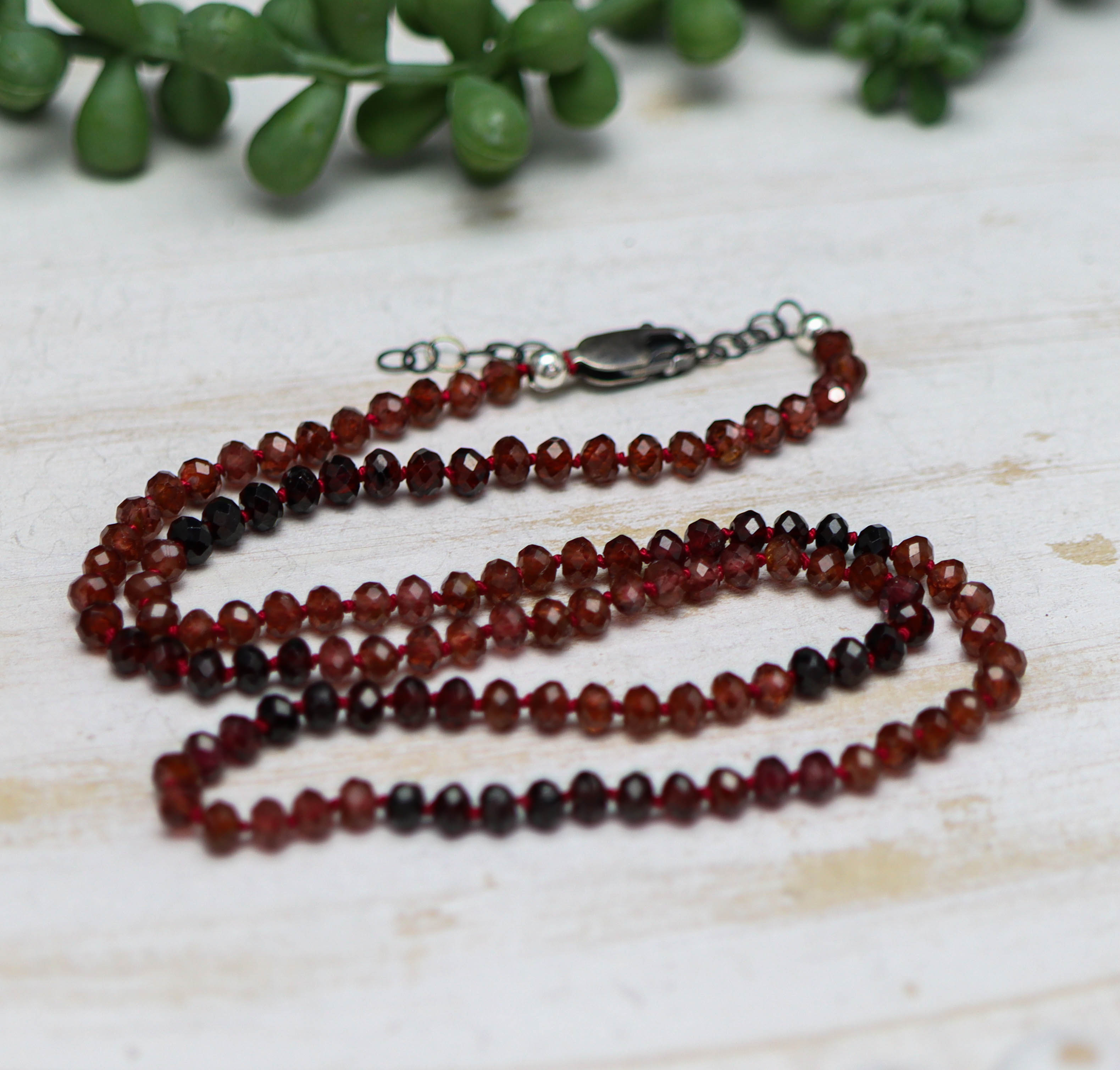 Multi-Tonal Garnet Hand-Knotted Strand Necklace in Sterling Silver