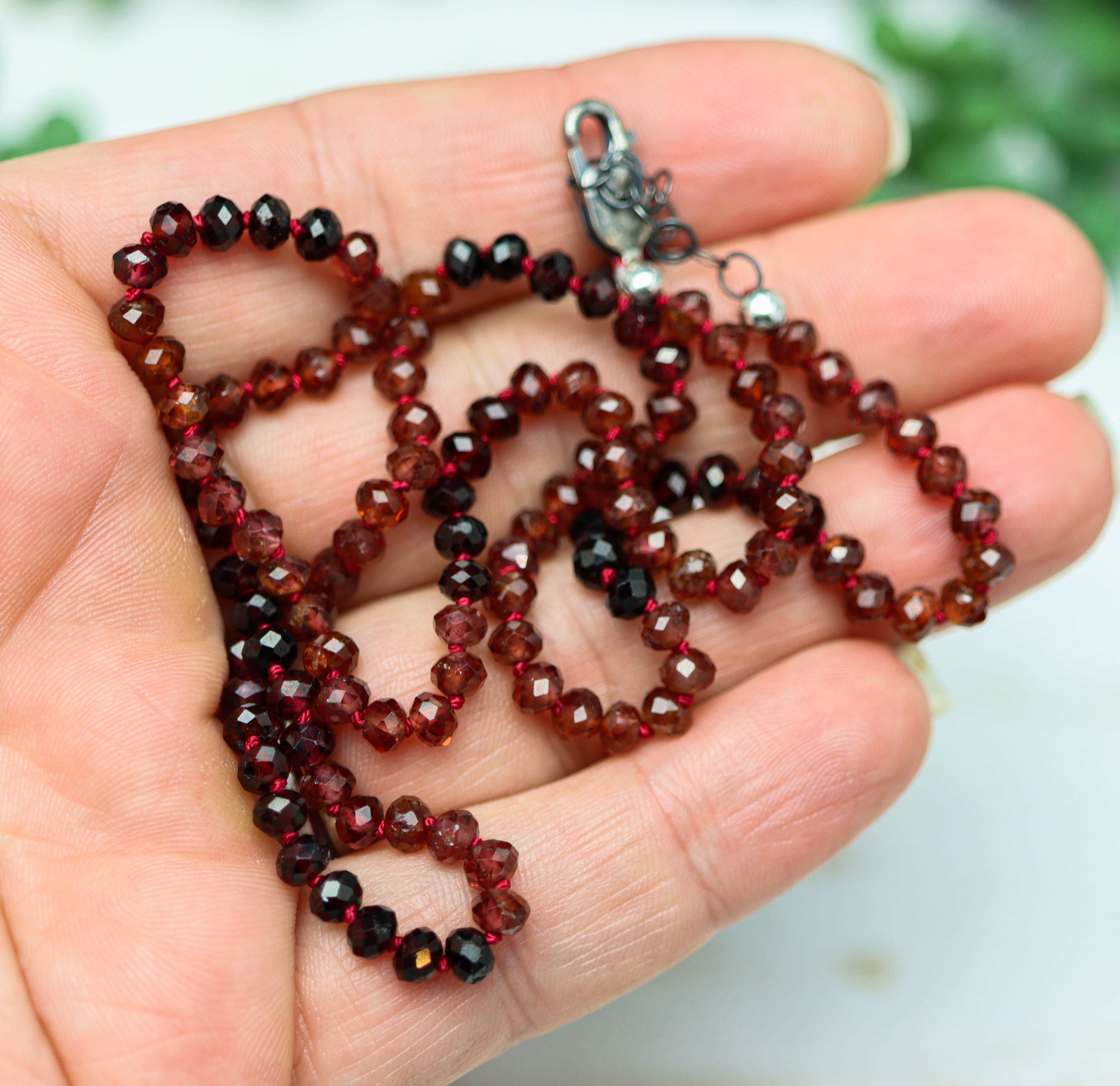 Multi-Tonal Garnet Hand-Knotted Strand Necklace in Sterling Silver