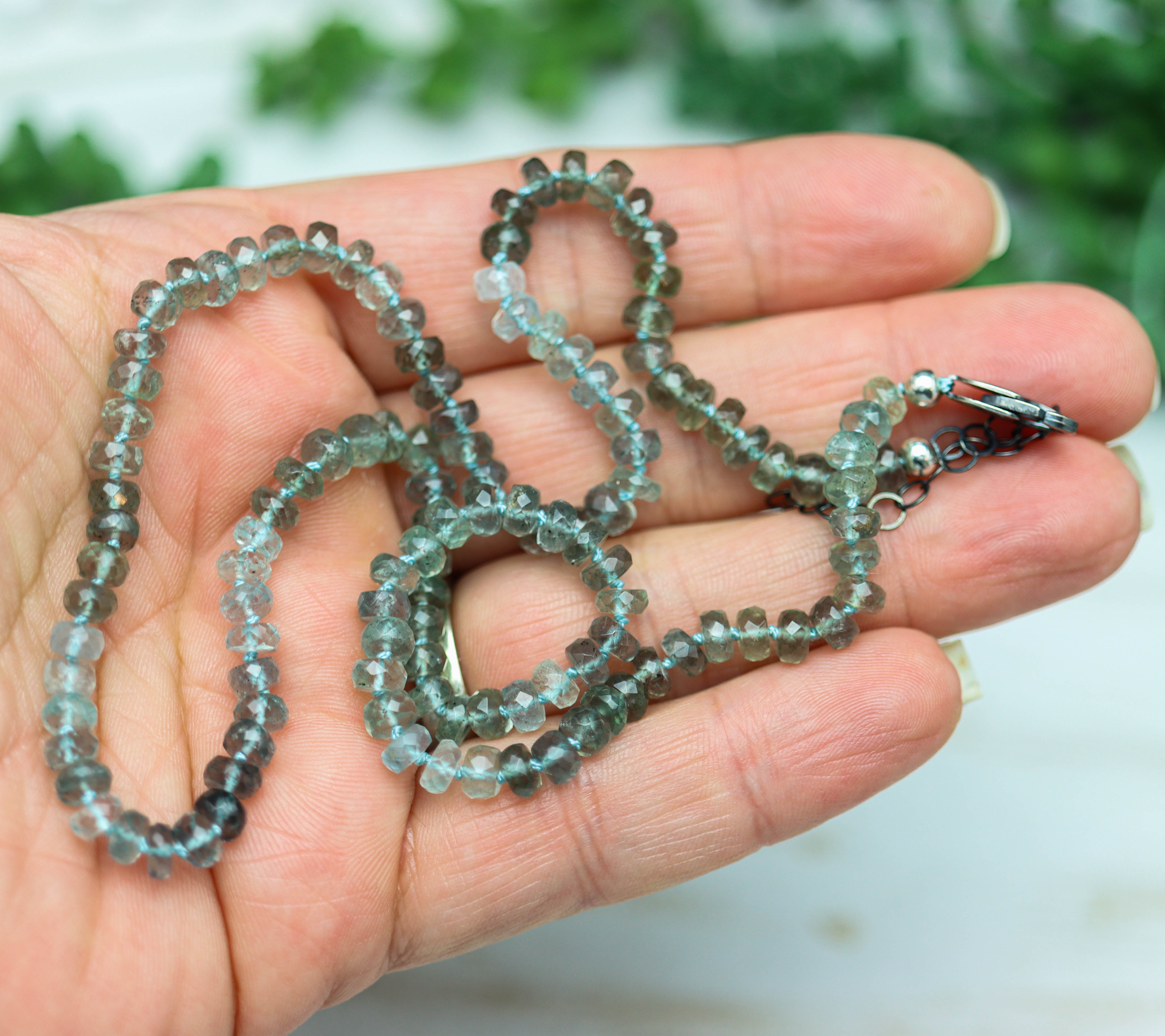 Aquamarine Hand Knotted Bead Necklace Sterling Silver 18.5 Inch