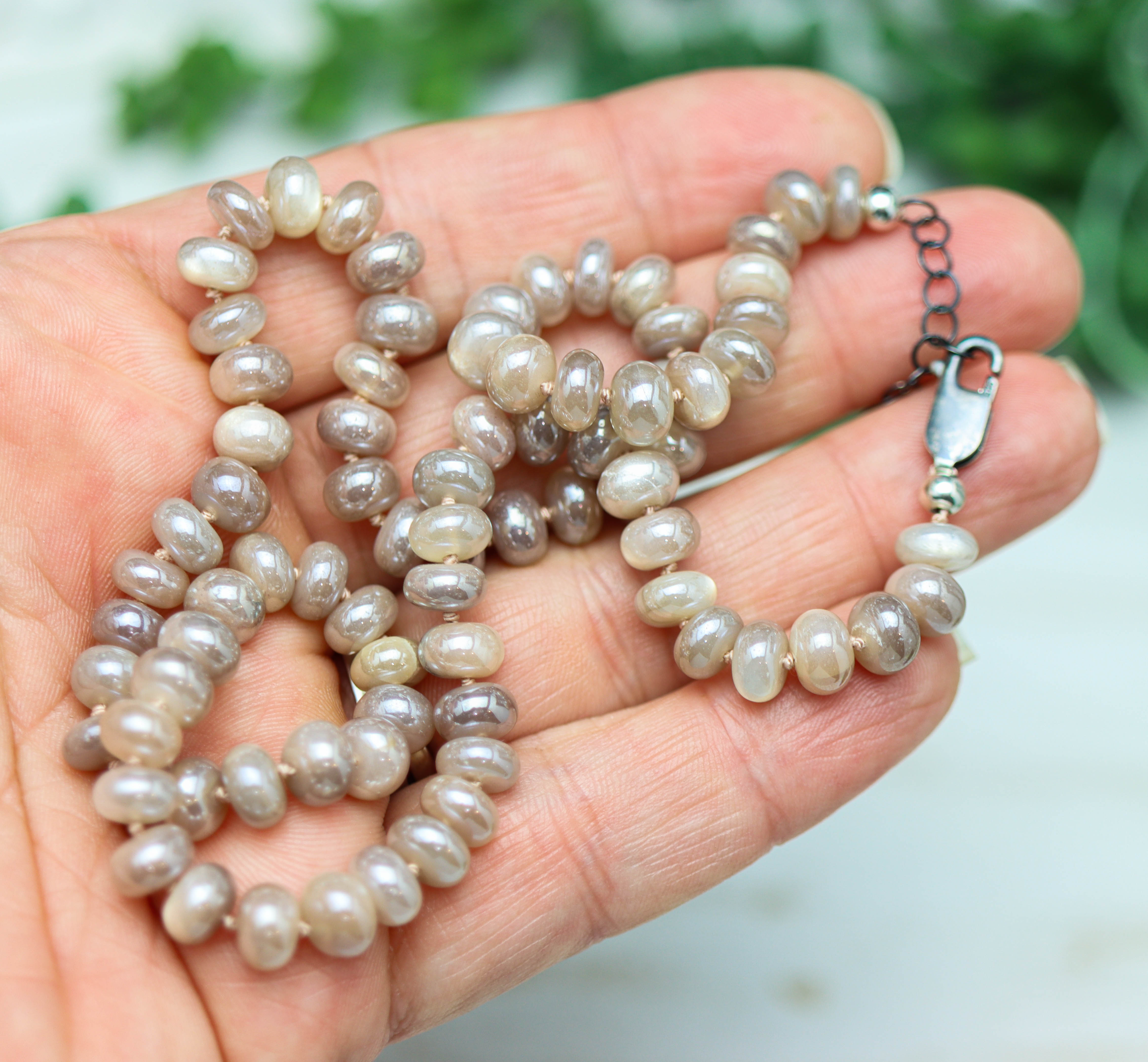 Peach Moonstone Hand Knotted Bead Necklace Sterling Silver