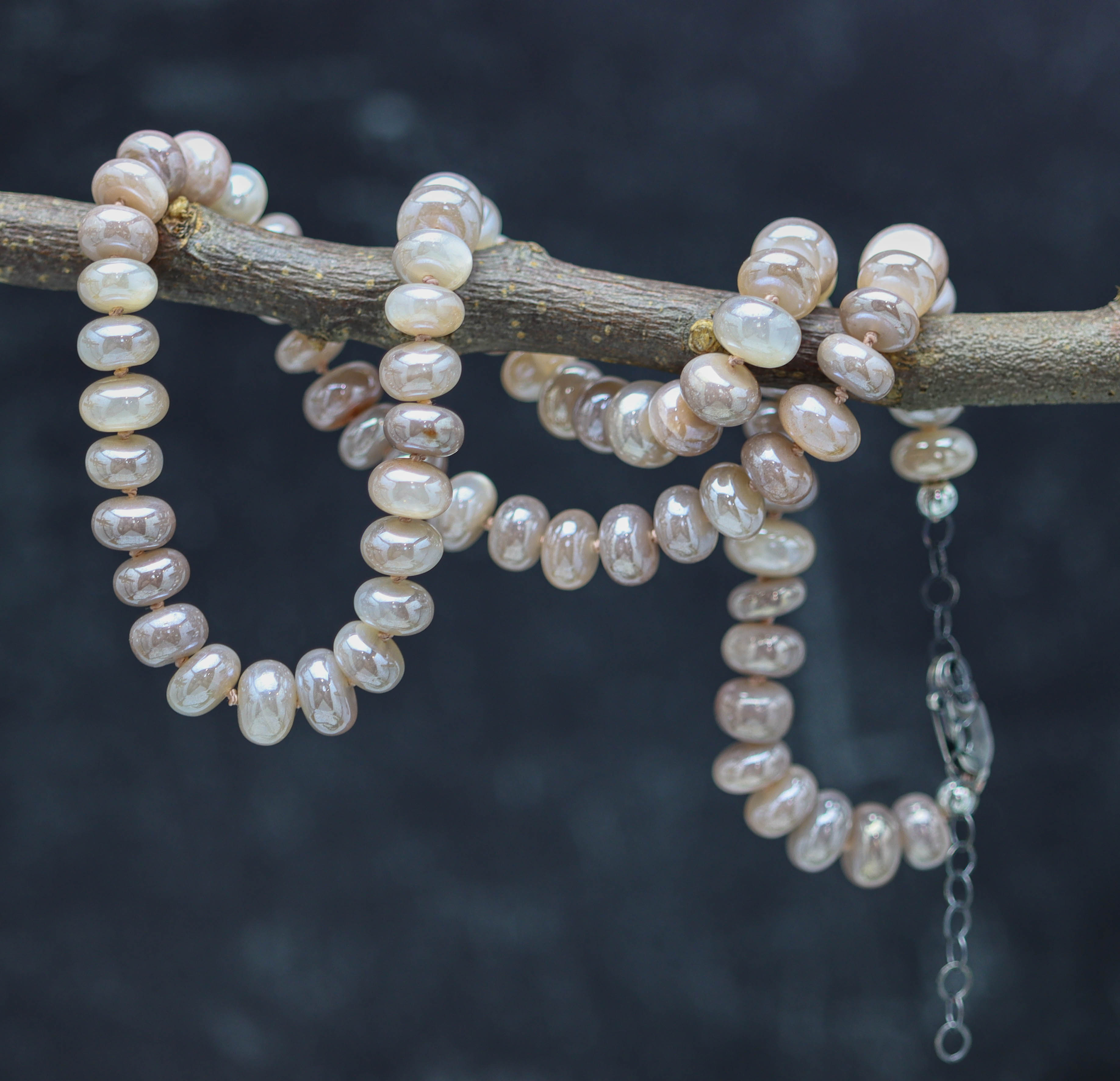 Peachy Pink Moonstone Hand Knotted Bead Necklace Sterling Silver