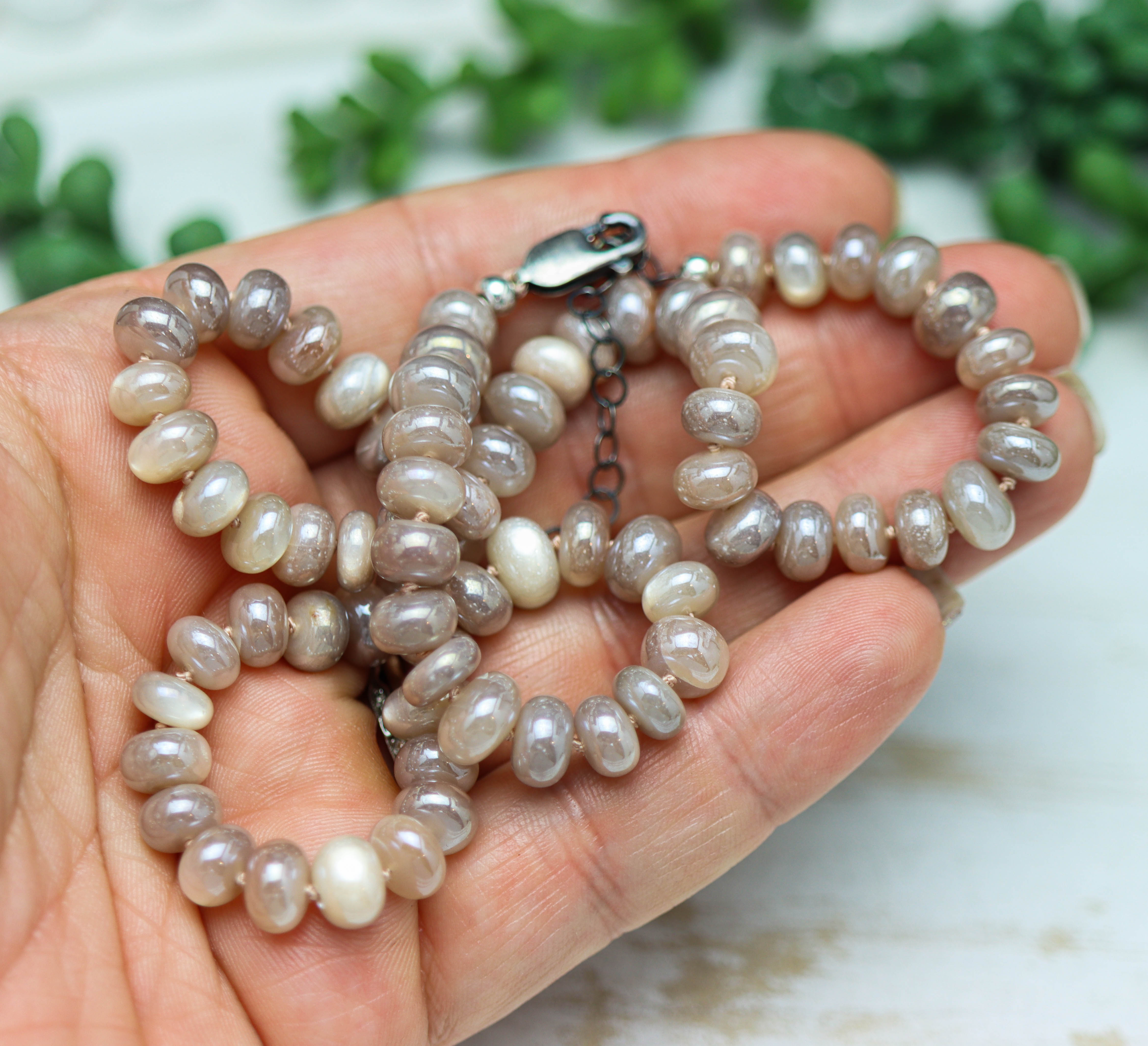 Peachy Pink Moonstone Hand Knotted Bead Necklace Sterling Silver