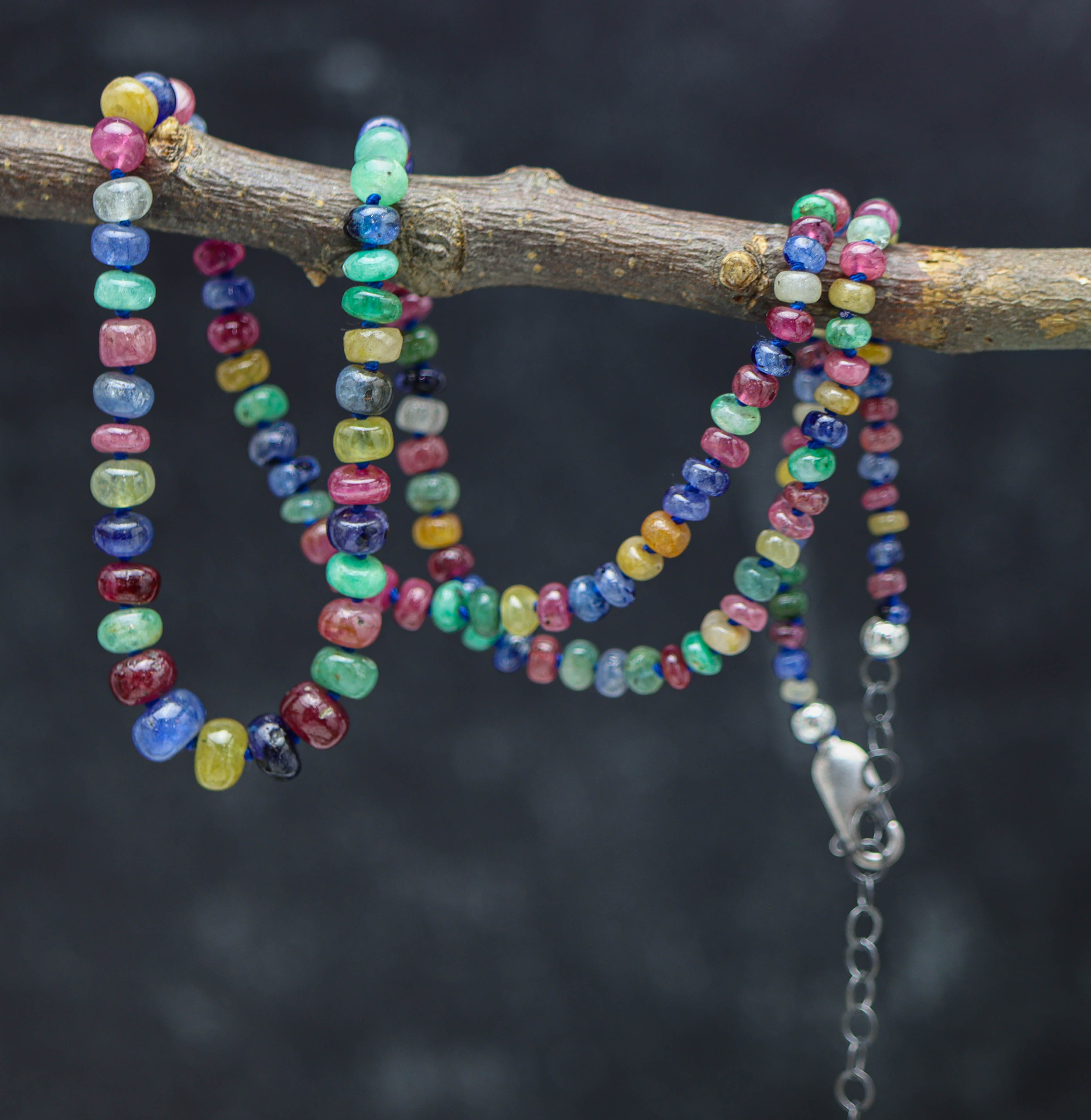 Multi Colored Sapphire Hand Knotted Bead Necklace Sterling Silver