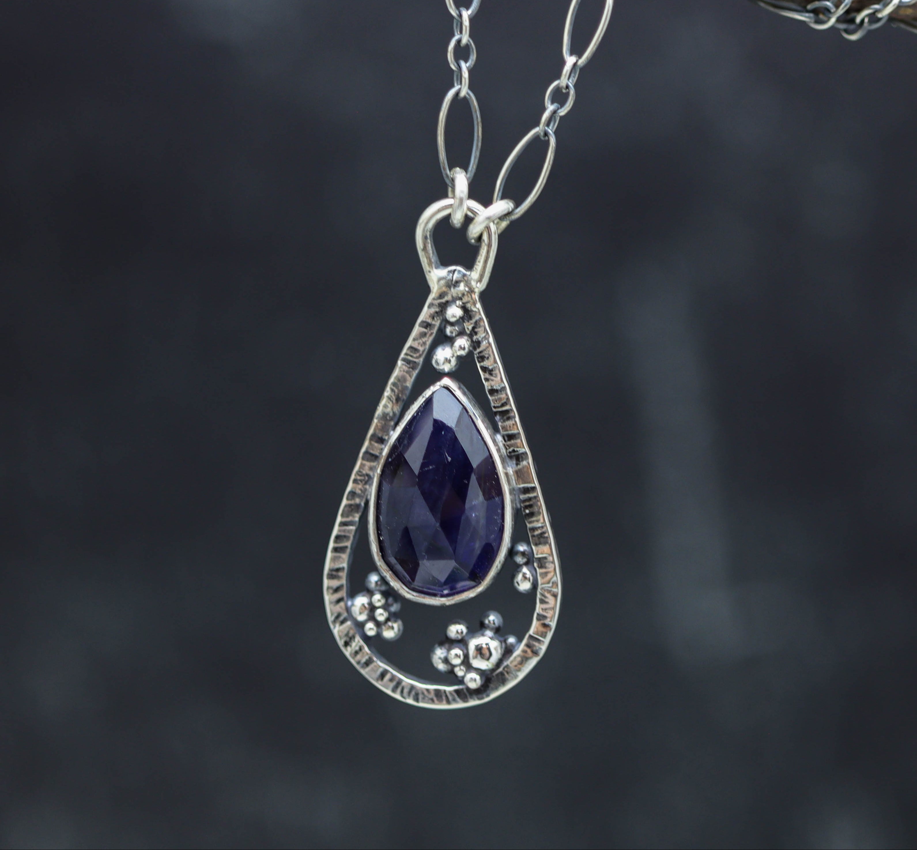 Silver necklace with a teardrop-shaped pendant featuring a blue gemstone, hanging from a branch against a dark background.